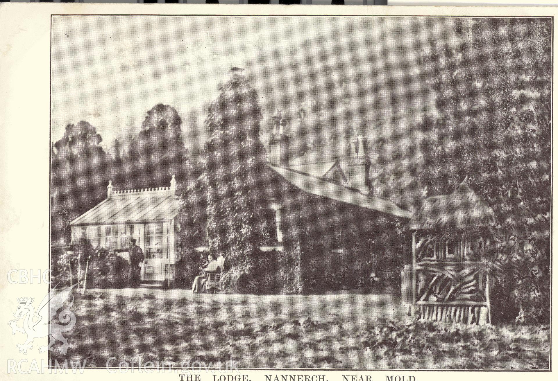 Digitised postcard image of unidentified lodge at Penbedw, Nannerch. Produced by Parks and Gardens Data Services, from an original item in the Peter Davis Collection at Parks and Gardens UK. We hold only web-resolution images of this collection, suitable for viewing on screen and for research purposes only. We do not hold the original images, or publication quality scans.