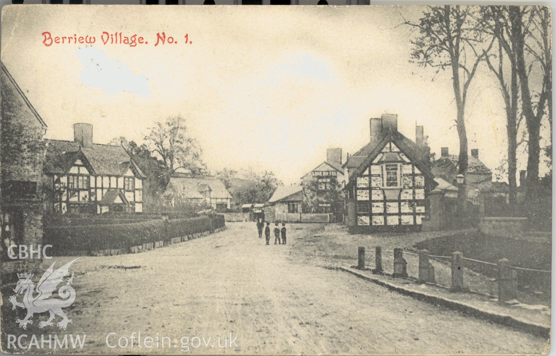 Digitised postcard image of Berriew village, Park & Son, Newtown. Produced by Parks and Gardens Data Services, from an original item in the Peter Davis Collection at Parks and Gardens UK. We hold only web-resolution images of this collection, suitable for viewing on screen and for research purposes only. We do not hold the original images, or publication quality scans.