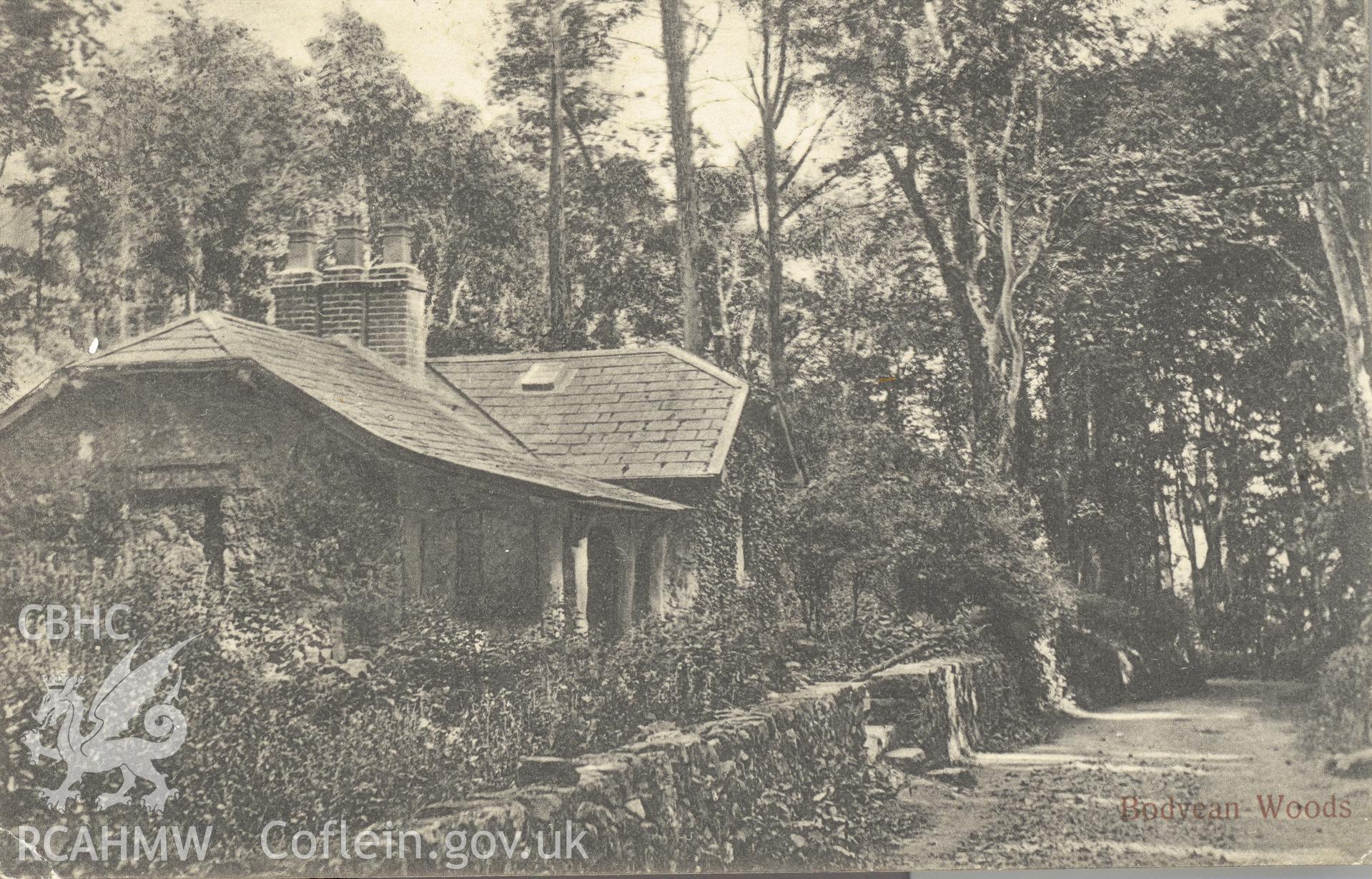 Digitised postcard image of Plas Boduan lodge, J.R. Owen, Nevin. Produced by Parks and Gardens Data Services, from an original item in the Peter Davis Collection at Parks and Gardens UK. We hold only web-resolution images of this collection, suitable for viewing on screen and for research purposes only. We do not hold the original images, or publication quality scans.