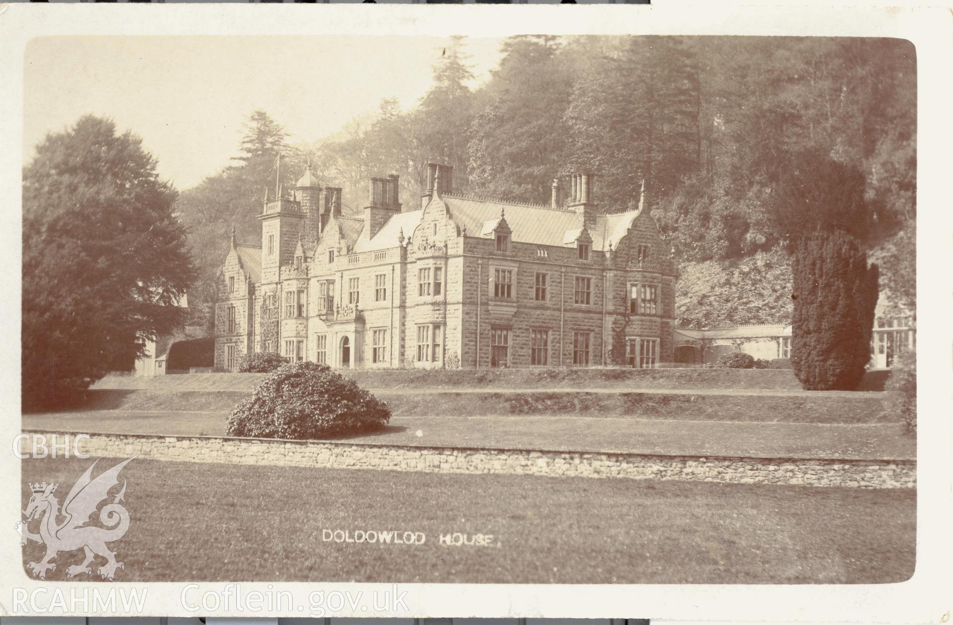 Digitised postcard image of Doldowlod House, A.O. Rice, Llanwrthwl. Produced by Parks and Gardens Data Services, from an original item in the Peter Davis Collection at Parks and Gardens UK. We hold only web-resolution images of this collection, suitable for viewing on screen and for research purposes only. We do not hold the original images, or publication quality scans.