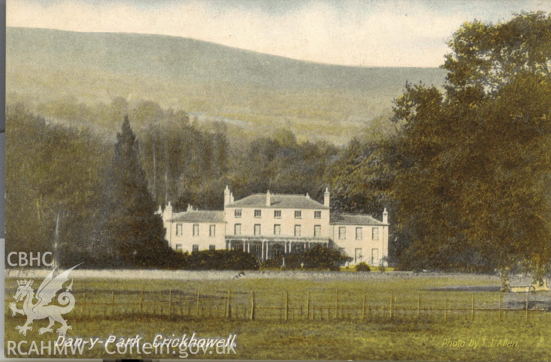 Digitised postcard image of Dan-y-Park, Llangattock, T.J. Allen. Published by W. Howells, Stationer, Crickhowell. Produced by Parks and Gardens Data Services, from an original item in the Peter Davis Collection at Parks and Gardens UK. We hold only web-resolution images of this collection, suitable for viewing on screen and for research purposes only. We do not hold the original images, or publication quality scans.