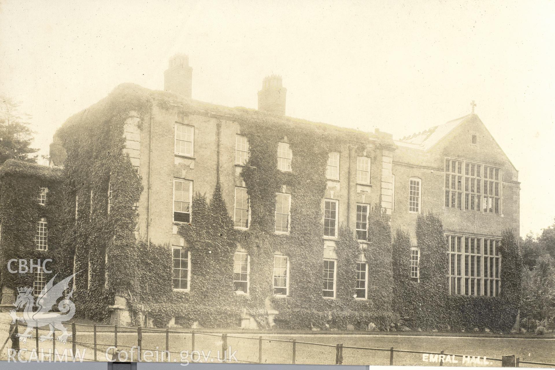 Digitised postcard image of Emrall Hall, Worthenbury, Caldecott's, 24 Regent Street, Wrexham. Produced by Parks and Gardens Data Services, from an original item in the Peter Davis Collection at Parks and Gardens UK. We hold only web-resolution images of this collection, suitable for viewing on screen and for research purposes only. We do not hold the original images, or publication quality scans.