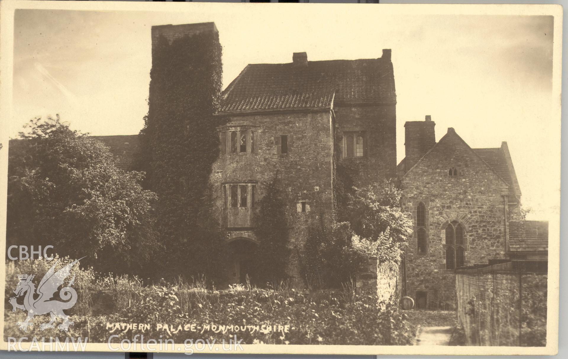 Digitised postcard image of Mathern Palace, W.A. Call, the County Studio, Monmouth. Produced by Parks and Gardens Data Services, from an original item in the Peter Davis Collection at Parks and Gardens UK. We hold only web-resolution images of this collection, suitable for viewing on screen and for research purposes only. We do not hold the original images, or publication quality scans.