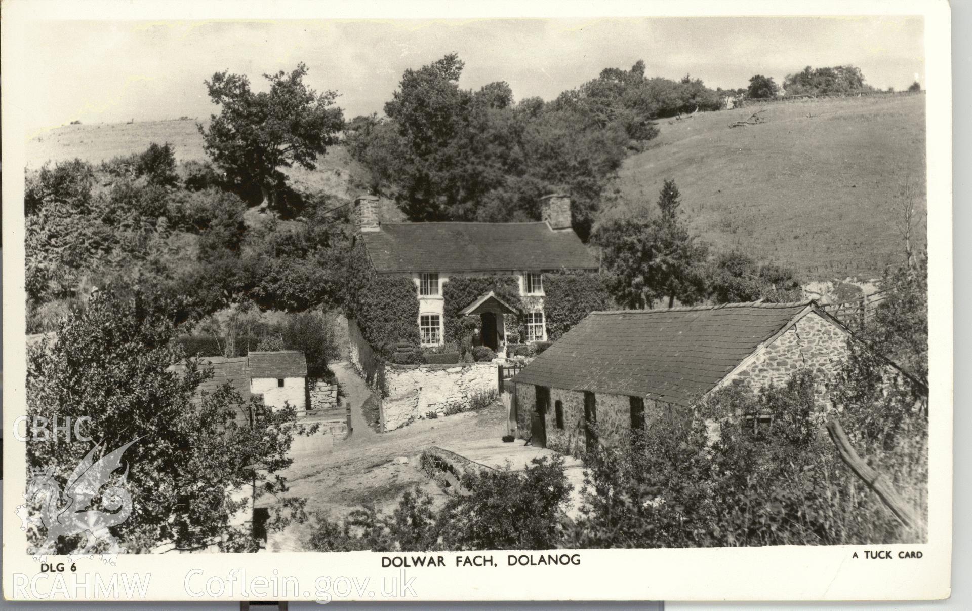 Digitised postcard image of Dolwar Fach, Dolanog, and farm buildings, Raphael Tuck and Sons Ltd. Produced by Parks and Gardens Data Services, from an original item in the Peter Davis Collection at Parks and Gardens UK. We hold only web-resolution images of this collection, suitable for viewing on screen and for research purposes only. We do not hold the original images, or publication quality scans.