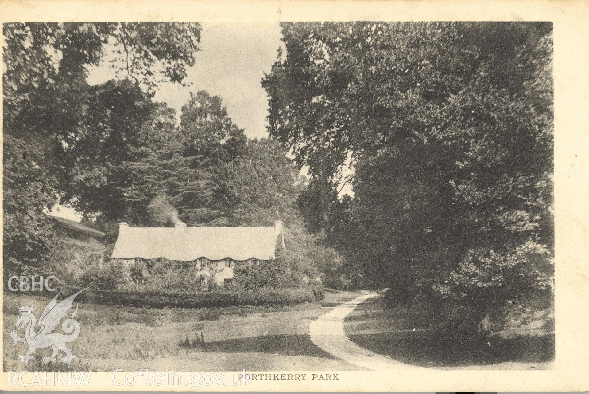 Digitised postcard image of Cwmciddy Cottages, Porthkerry Park, The Wykeham collection. Produced by Parks and Gardens Data Services, from an original item in the Peter Davis Collection at Parks and Gardens UK. We hold only web-resolution images of this collection, suitable for viewing on screen and for research purposes only. We do not hold the original images, or publication quality scans.