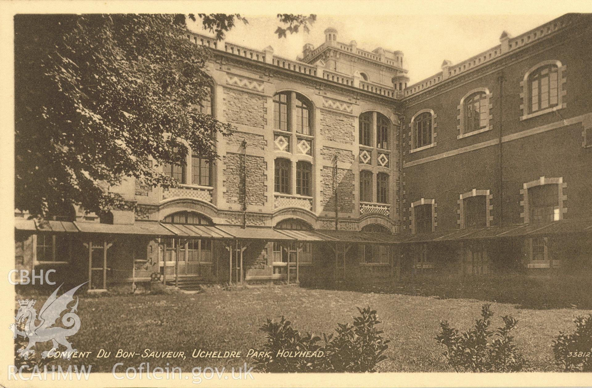 Digitised postcard image of Convent of the Good Savior, Ucheldre, Holyhead, Marshall, Keene and Co., Hove, Sussex. Produced by Parks and Gardens Data Services, from an original item in the Peter Davis Collection at Parks and Gardens UK. We hold only web-resolution images of this collection, suitable for viewing on screen and for research purposes only. We do not hold the original images, or publication quality scans.