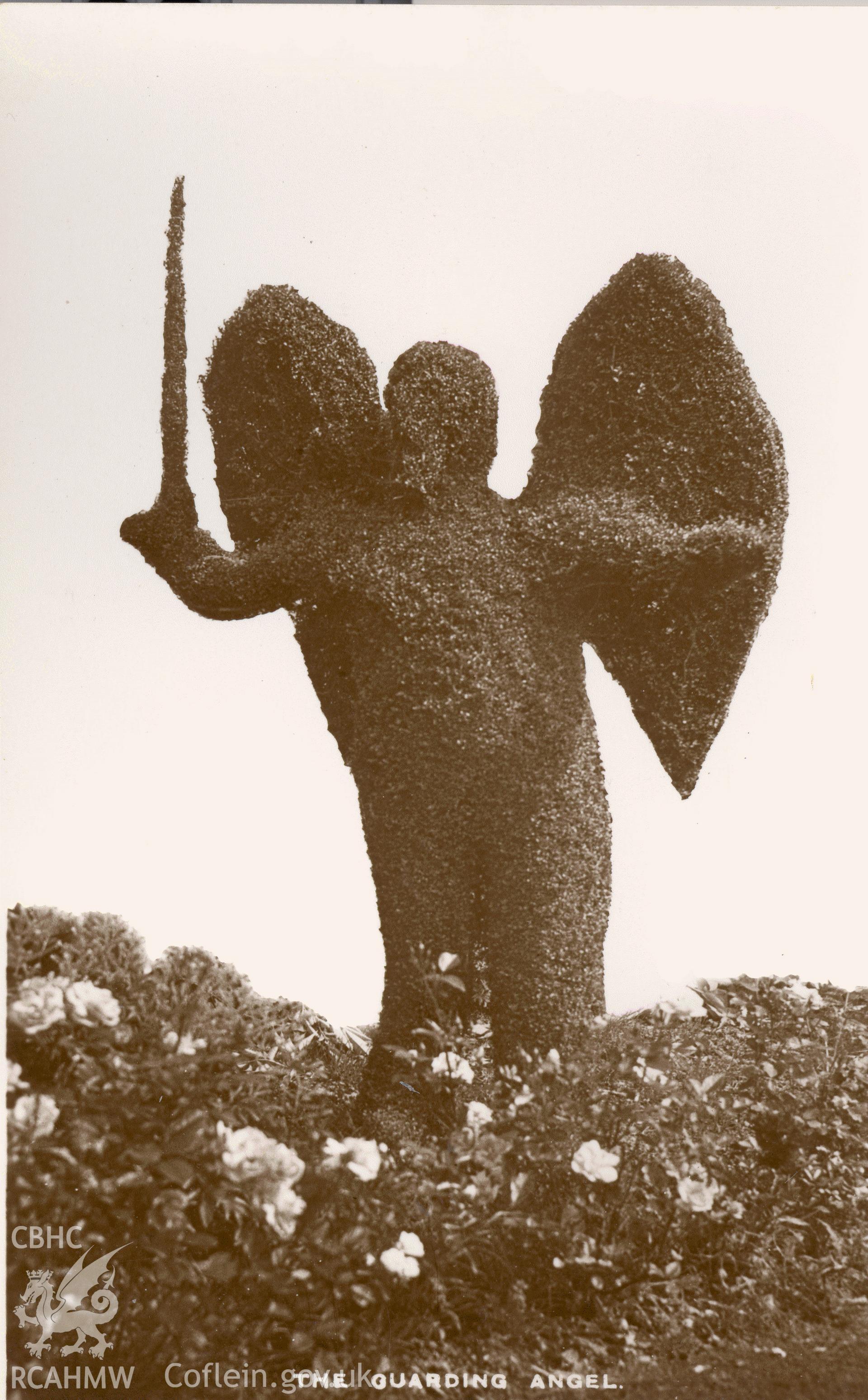 Digitised postcard image of topiary at Glynaur, Abergwili: 'the Guarding Angel', D. Davies, Glynaur, Abergwili. Produced by Parks and Gardens Data Services, from an original item in the Peter Davis Collection at Parks and Gardens UK. We hold only web-resolution images of this collection, suitable for viewing on screen and for research purposes only. We do not hold the original images, or publication quality scans.