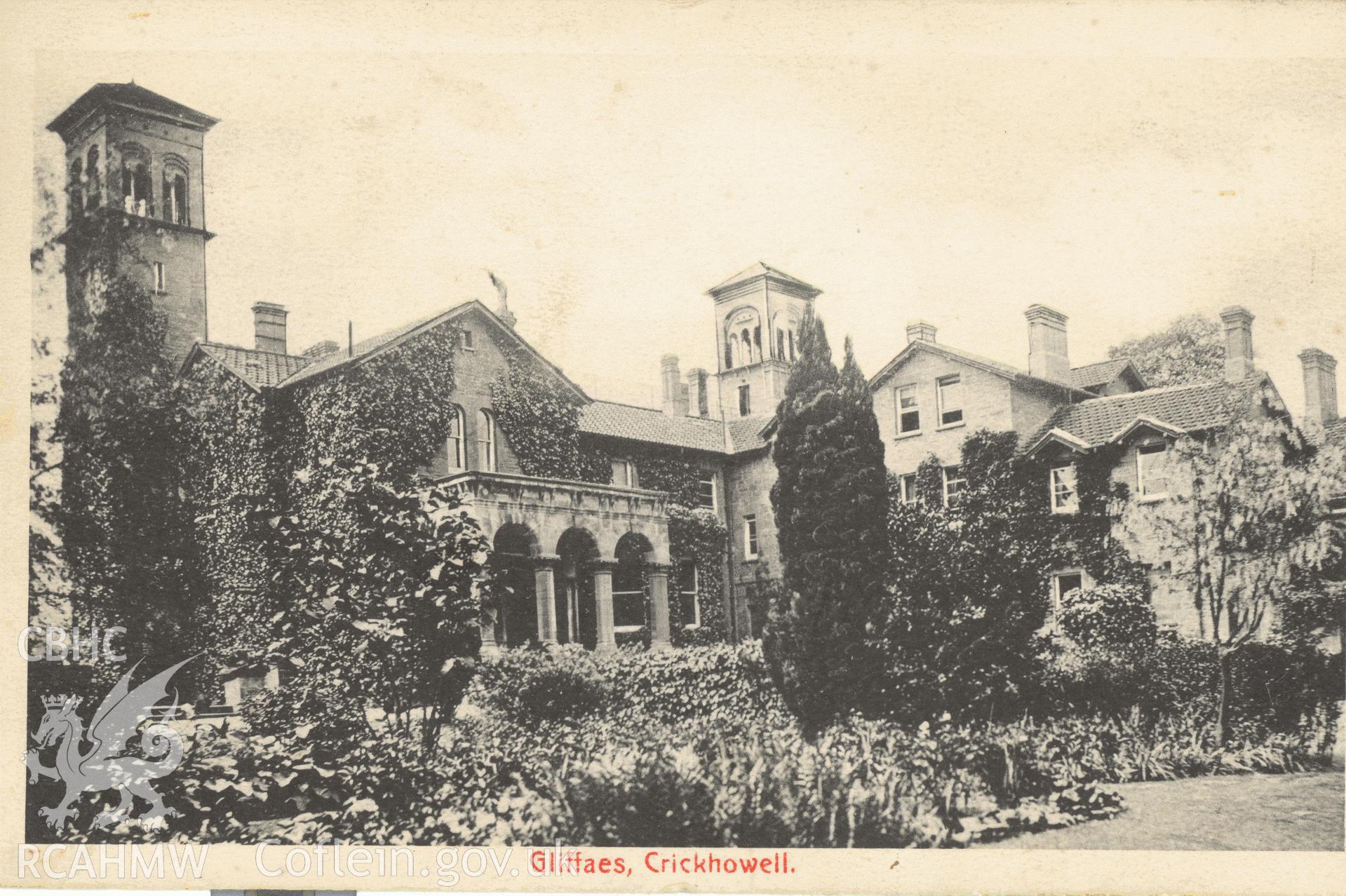 Digitised postcard image of Gliffaes House, W. Howells, Victoria House, Crickhowell. Produced by Parks and Gardens Data Services, from an original item in the Peter Davis Collection at Parks and Gardens UK. We hold only web-resolution images of this collection, suitable for viewing on screen and for research purposes only. We do not hold the original images, or publication quality scans.