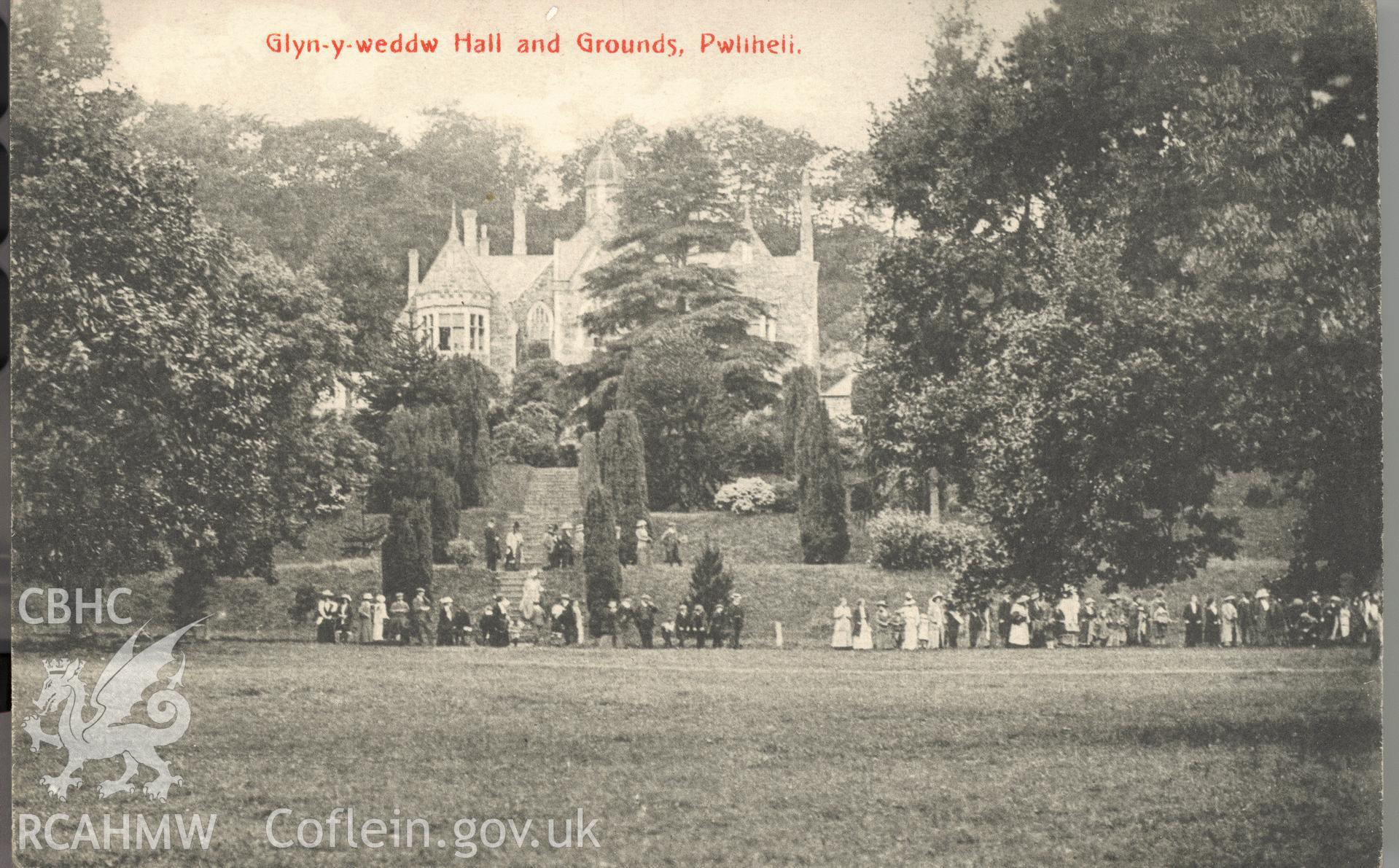 Digitised postcard image of Plas Glyn y weddw, Llanbedrog, Beacon Series T.B. & Co., L. Produced by Parks and Gardens Data Services, from an original item in the Peter Davis Collection at Parks and Gardens UK. We hold only web-resolution images of this collection, suitable for viewing on screen and for research purposes only. We do not hold the original images, or publication quality scans.