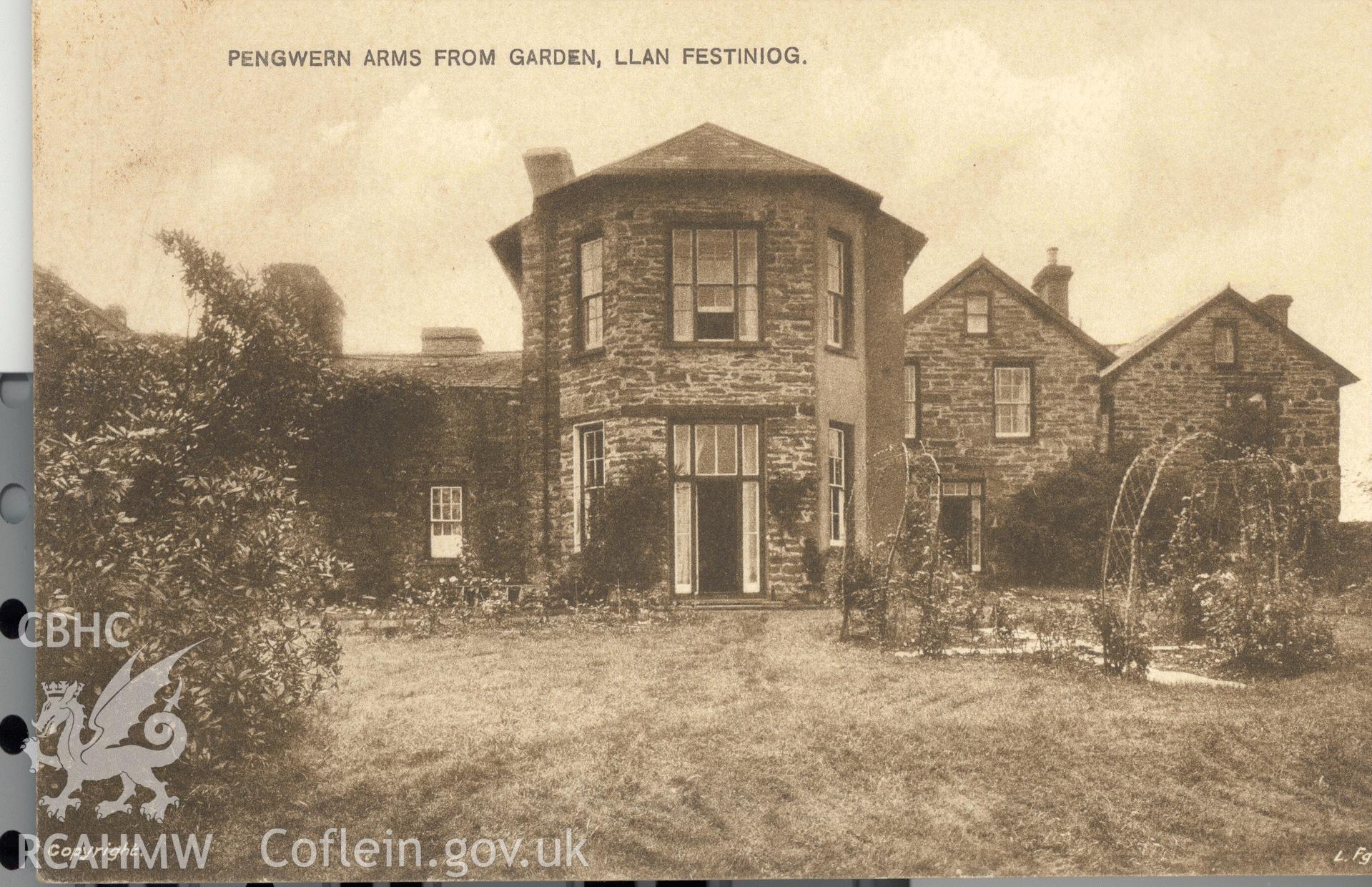 Digitised postcard image of Pengwern Arms from garden, Llan Ffestiniog. Produced by Parks and Gardens Data Services, from an original item in the Peter Davis Collection at Parks and Gardens UK. We hold only web-resolution images of this collection, suitable for viewing on screen and for research purposes only. We do not hold the original images, or publication quality scans.