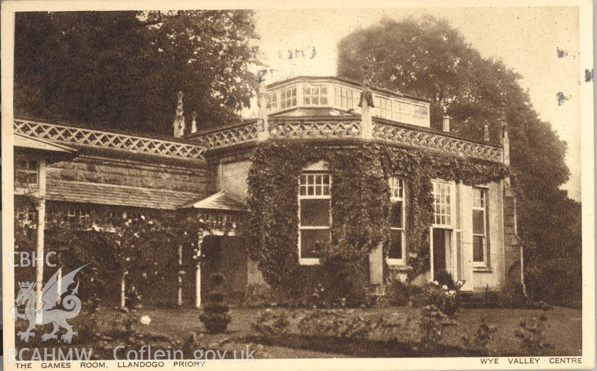 Digitised postcard image of the Priory, Llandogo, Photochrom Co., Ltd. Produced by Parks and Gardens Data Services, from an original item in the Peter Davis Collection at Parks and Gardens UK. We hold only web-resolution images of this collection, suitable for viewing on screen and for research purposes only. We do not hold the original images, or publication quality scans.