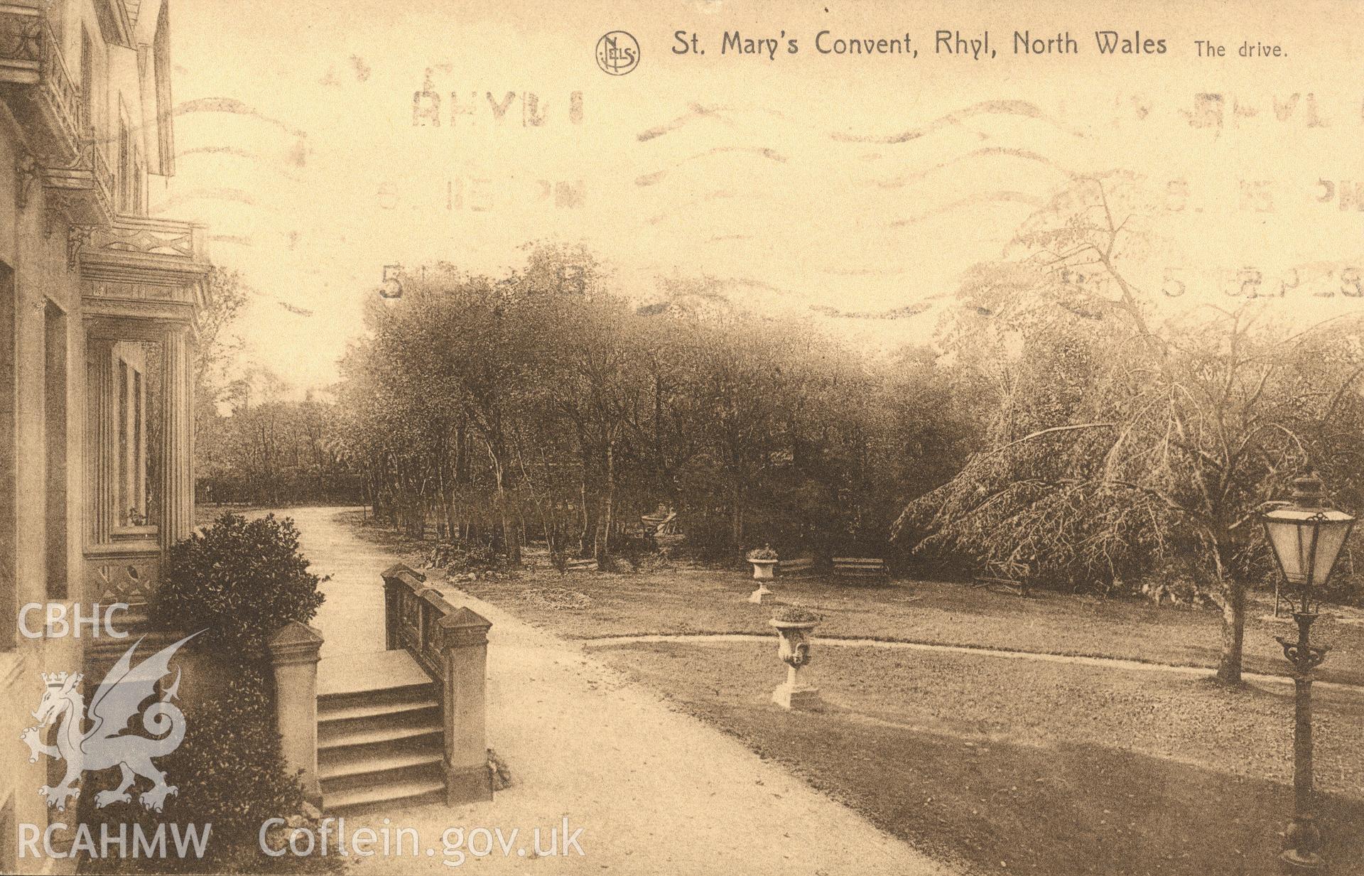Digitised postcard image of St Mary's Convent, Rhyl, J. Dasnoy-lambert, Namur. Produced by Parks and Gardens Data Services, from an original item in the Peter Davis Collection at Parks and Gardens UK. We hold only web-resolution images of this collection, suitable for viewing on screen and for research purposes only. We do not hold the original images, or publication quality scans.