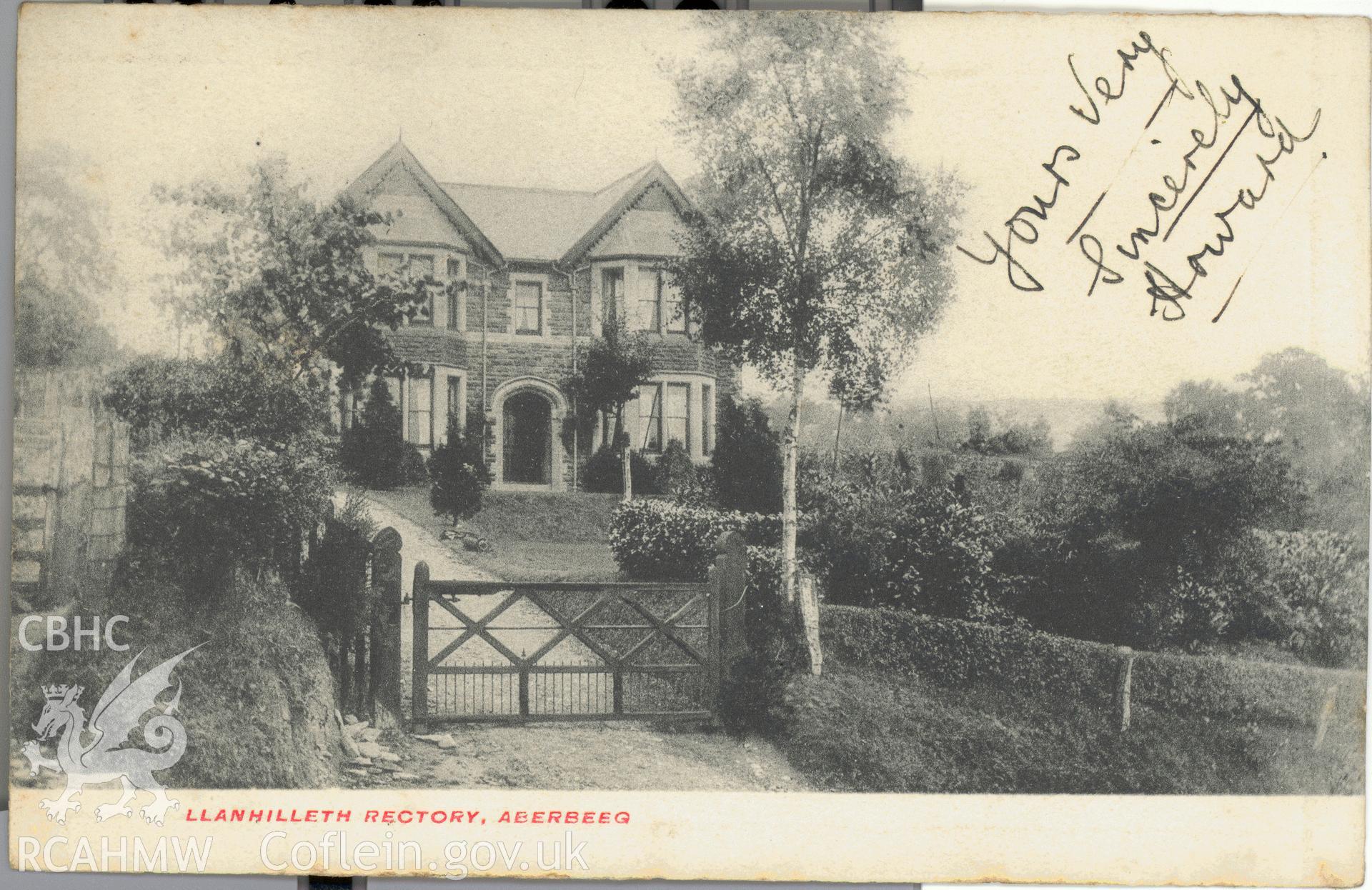 Digitised postcard image of Llanhilleth rectory, Aberbeeg. Produced by Parks and Gardens Data Services, from an original item in the Peter Davis Collection at Parks and Gardens UK. We hold only web-resolution images of this collection, suitable for viewing on screen and for research purposes only. We do not hold the original images, or publication quality scans.