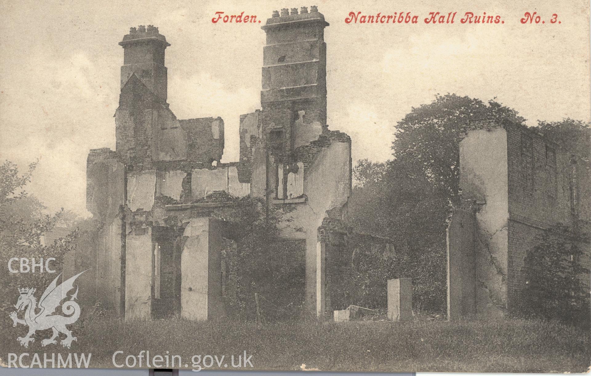 Digitised postcard image of Nantcribba Hall, Forden, Park & Son, Newtown. Produced by Parks and Gardens Data Services, from an original item in the Peter Davis Collection at Parks and Gardens UK. We hold only web-resolution images of this collection, suitable for viewing on screen and for research purposes only. We do not hold the original images, or publication quality scans.