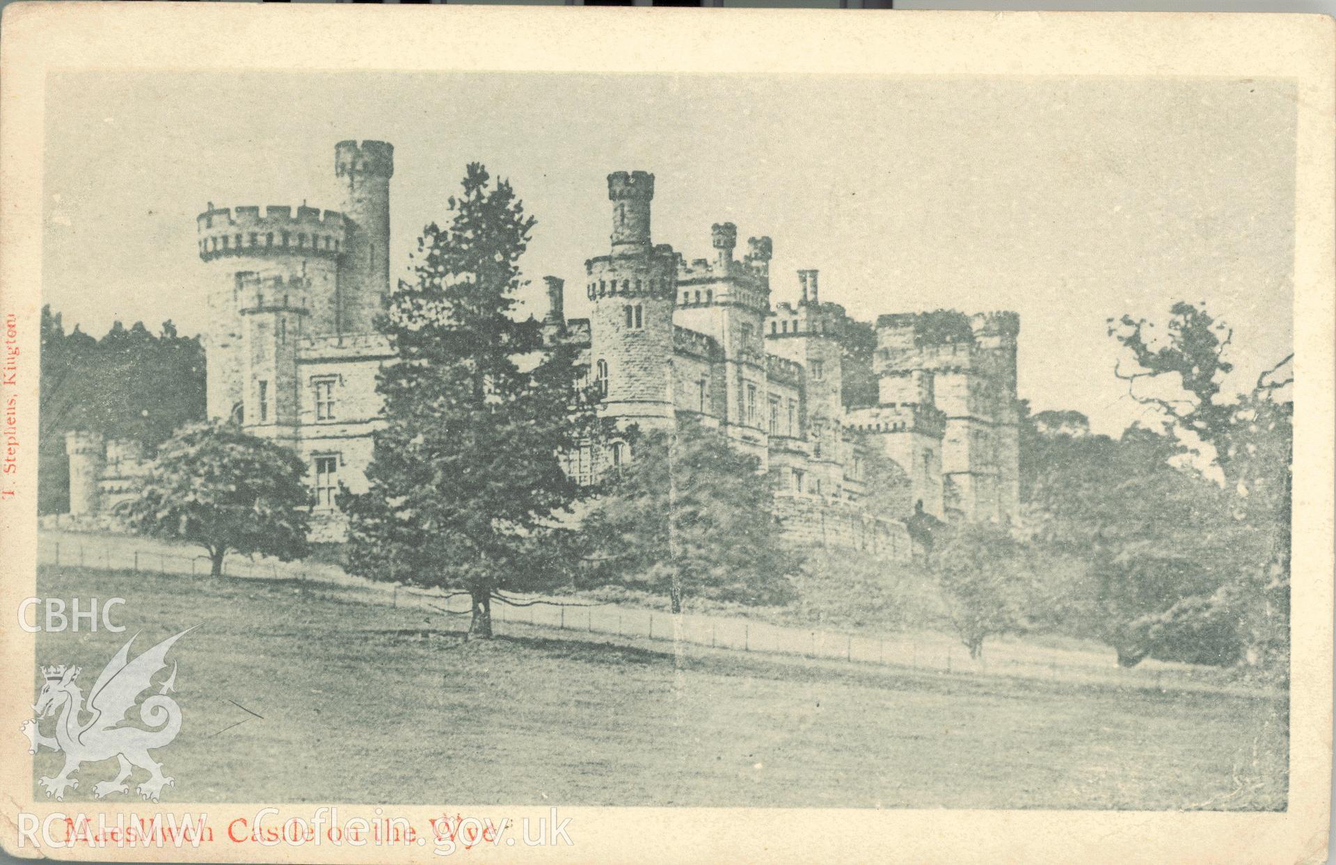 Digitised postcard image of Maesllwch Castle on the Wye. Produced by Parks and Gardens Data Services, from an original item in the Peter Davis Collection at Parks and Gardens UK. We hold only web-resolution images of this collection, suitable for viewing on screen and for research purposes only. We do not hold the original images, or publication quality scans.