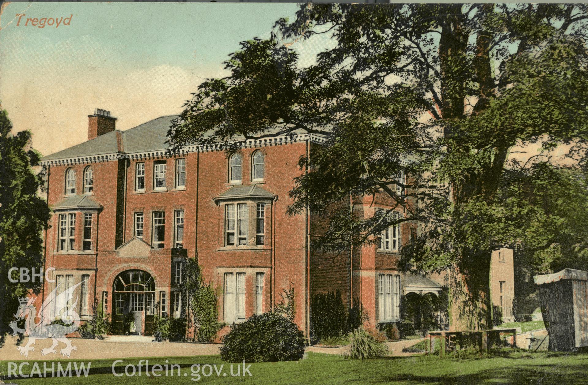 Digitised postcard image of Tregoyd Hall, Gwernyfed, Grant, Stationer, Hay. Produced by Parks and Gardens Data Services, from an original item in the Peter Davis Collection at Parks and Gardens UK. We hold only web-resolution images of this collection, suitable for viewing on screen and for research purposes only. We do not hold the original images, or publication quality scans.