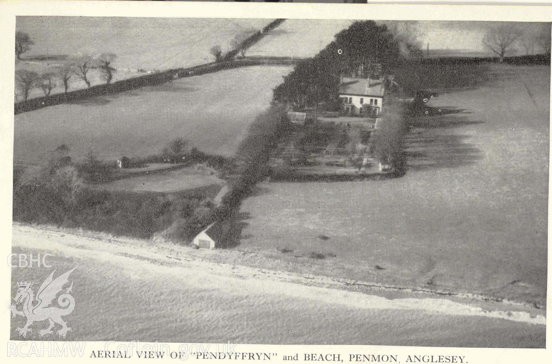 Digitised postcard image of aerial view of Pendyffryn, Penmon. Produced by Parks and Gardens Data Services, from an original item in the Peter Davis Collection at Parks and Gardens UK. We hold only web-resolution images of this collection, suitable for viewing on screen and for research purposes only. We do not hold the original images, or publication quality scans.