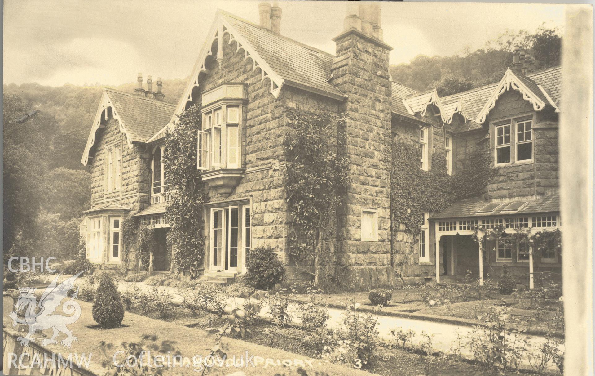 Digitised postcard image of the Priory, Llandogo, W.A. Call, the County Studio, Monmouth. Produced by Parks and Gardens Data Services, from an original item in the Peter Davis Collection at Parks and Gardens UK. We hold only web-resolution images of this collection, suitable for viewing on screen and for research purposes only. We do not hold the original images, or publication quality scans.