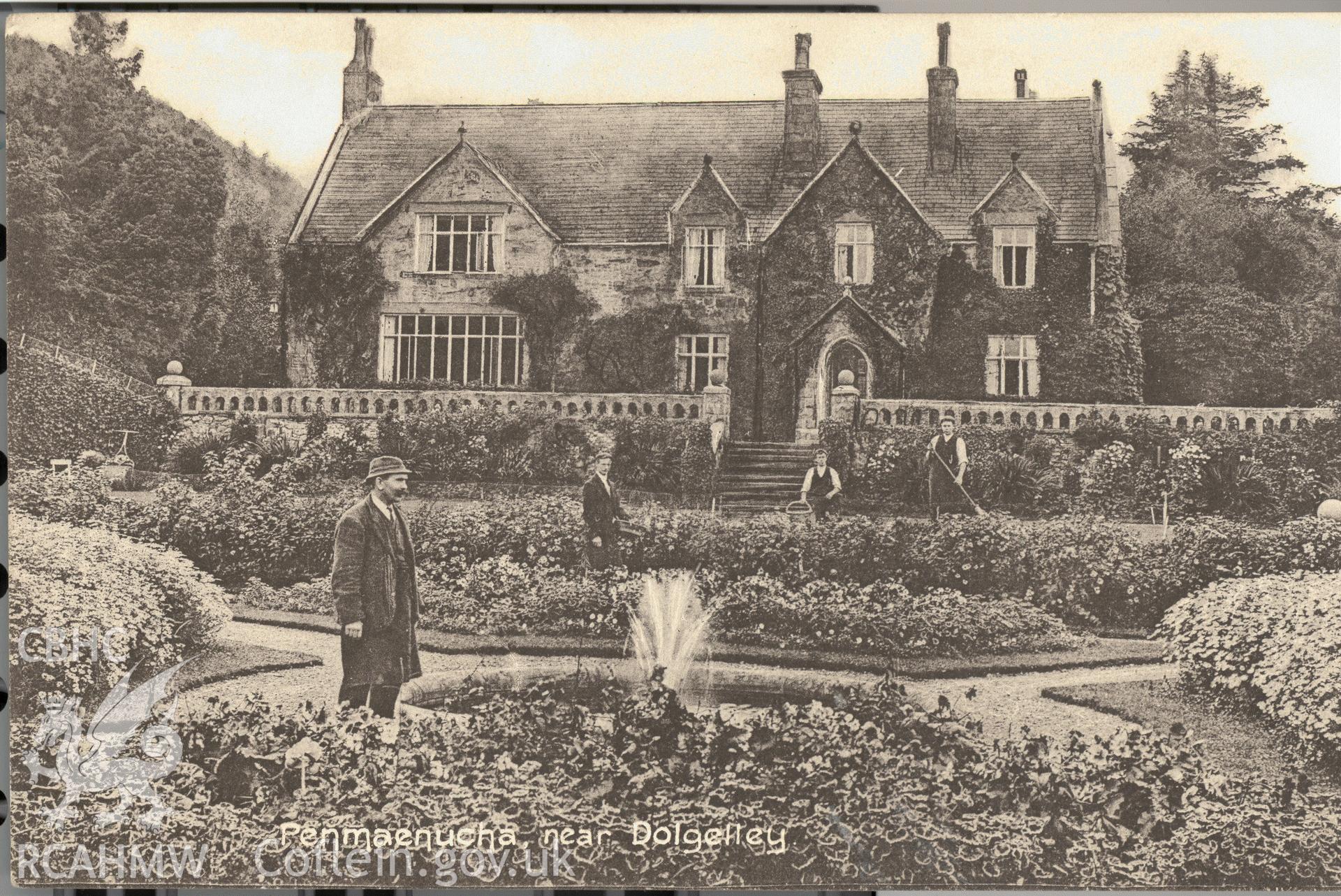 Digitised postcard image of Penmaenucha, Dolgellau, including garden and 4 gardeners, F Arnfield Stationer &c., Dolgelley. Produced by Parks and Gardens Data Services, from an original item in the Peter Davis Collection at Parks and Gardens UK. We hold only web-resolution images of this collection, suitable for viewing on screen and for research purposes only. We do not hold the original images, or publication quality scans.