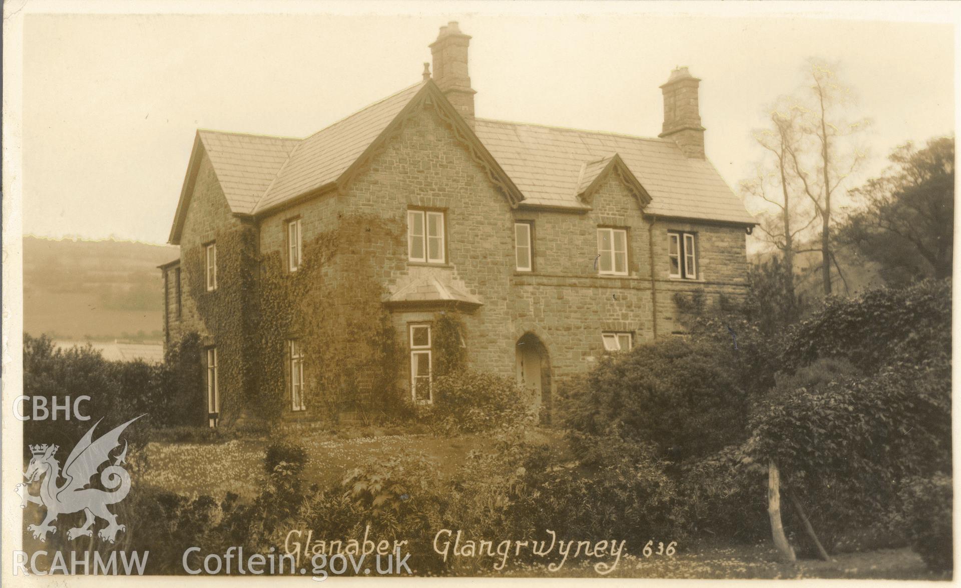 Digitised postcard image of Glanaber, Glangrwyney, Viner Bromo. Produced by Parks and Gardens Data Services, from an original item in the Peter Davis Collection at Parks and Gardens UK. We hold only web-resolution images of this collection, suitable for viewing on screen and for research purposes only. We do not hold the original images, or publication quality scans.