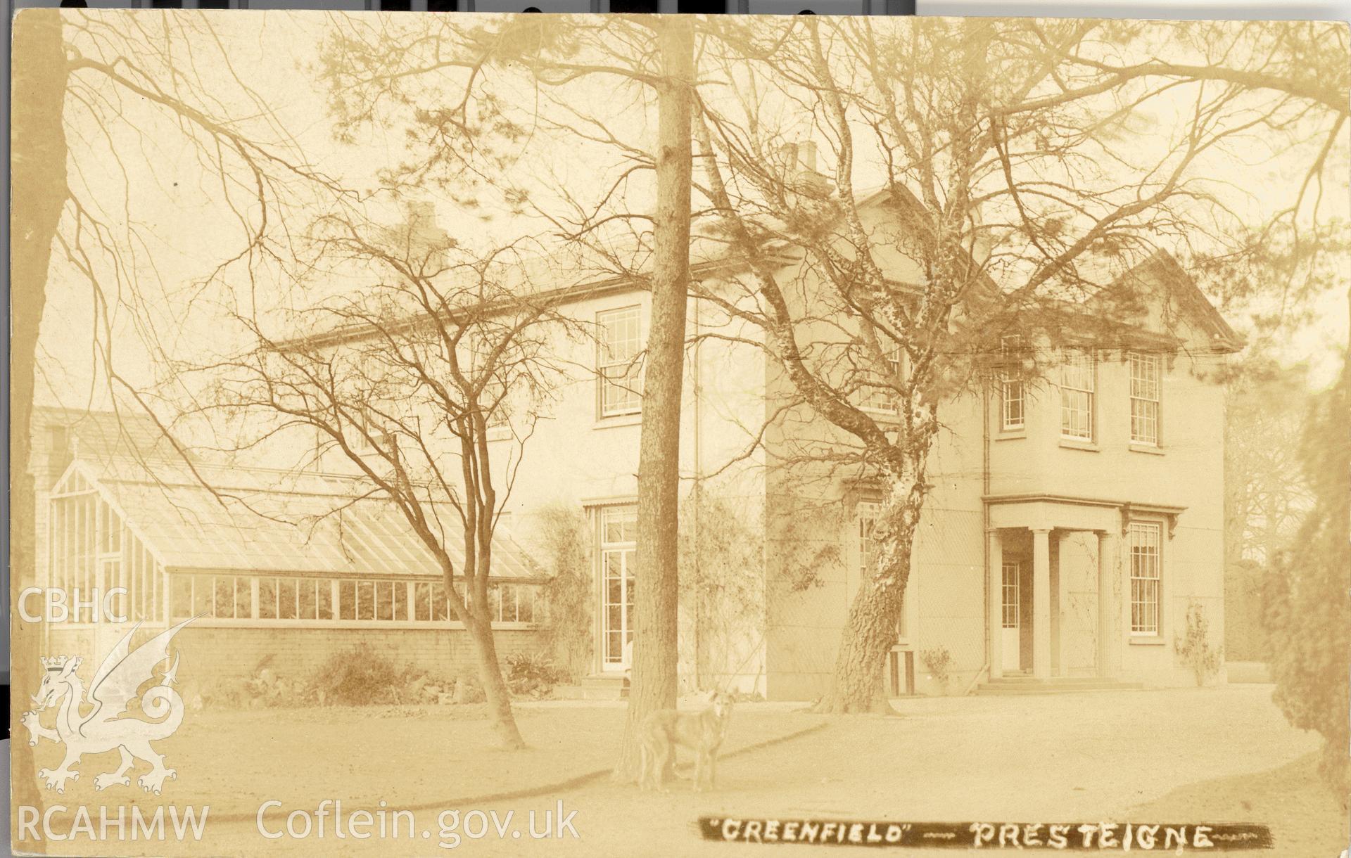 Digitised postcard image of Greenfield, Presteigne. Produced by Parks and Gardens Data Services, from an original item in the Peter Davis Collection at Parks and Gardens UK. We hold only web-resolution images of this collection, suitable for viewing on screen and for research purposes only. We do not hold the original images, or publication quality scans.