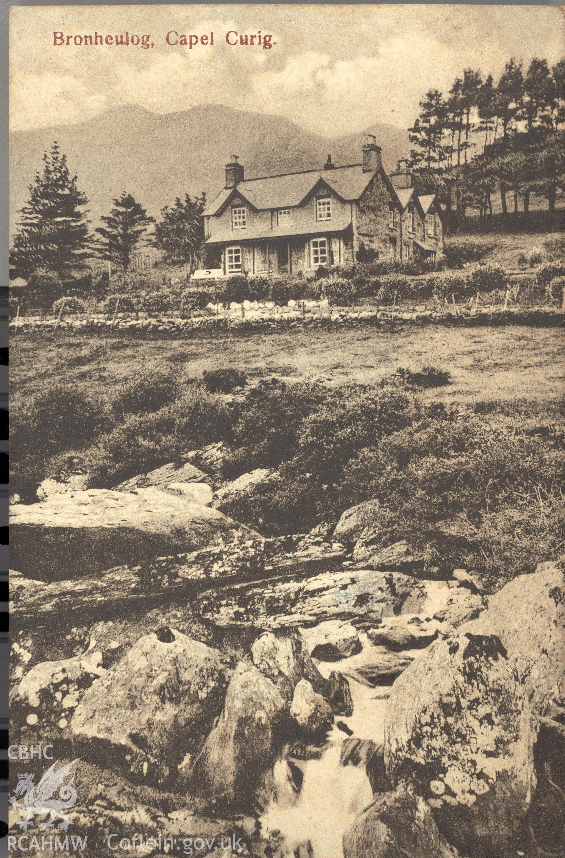 Digitised postcard image of Bronheulog, Capel Curig, W. Williams, the Stores, Capel Curig. Produced by Parks and Gardens Data Services, from an original item in the Peter Davis Collection at Parks and Gardens UK. We hold only web-resolution images of this collection, suitable for viewing on screen and for research purposes only. We do not hold the original images, or publication quality scans.