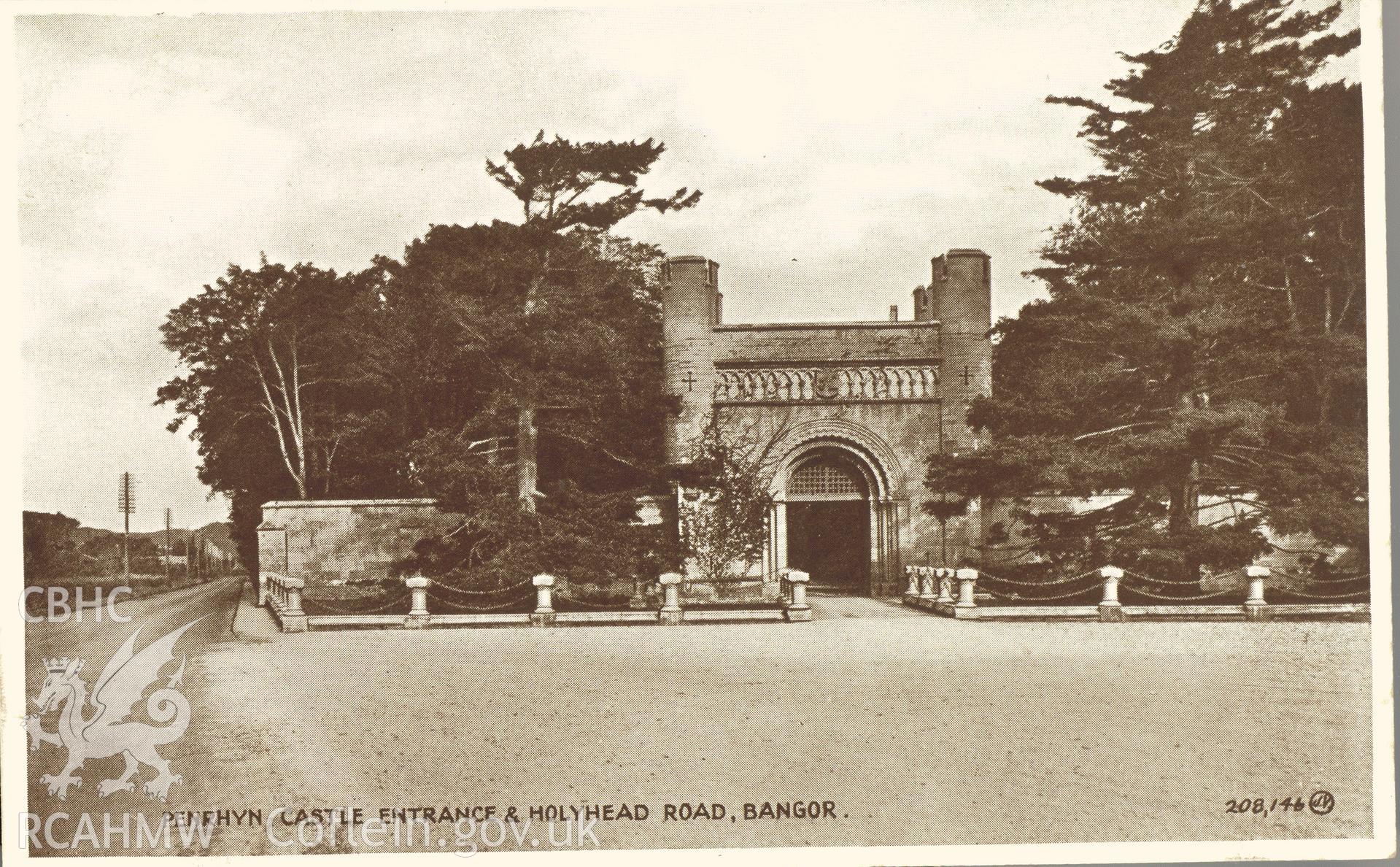 Digitised postcard image of Penrhyn Castle Grand Lodge. Produced by Parks and Gardens Data Services, from an original item in the Peter Davis Collection at Parks and Gardens UK. We hold only web-resolution images of this collection, suitable for viewing on screen and for research purposes only. We do not hold the original images, or publication quality scans.