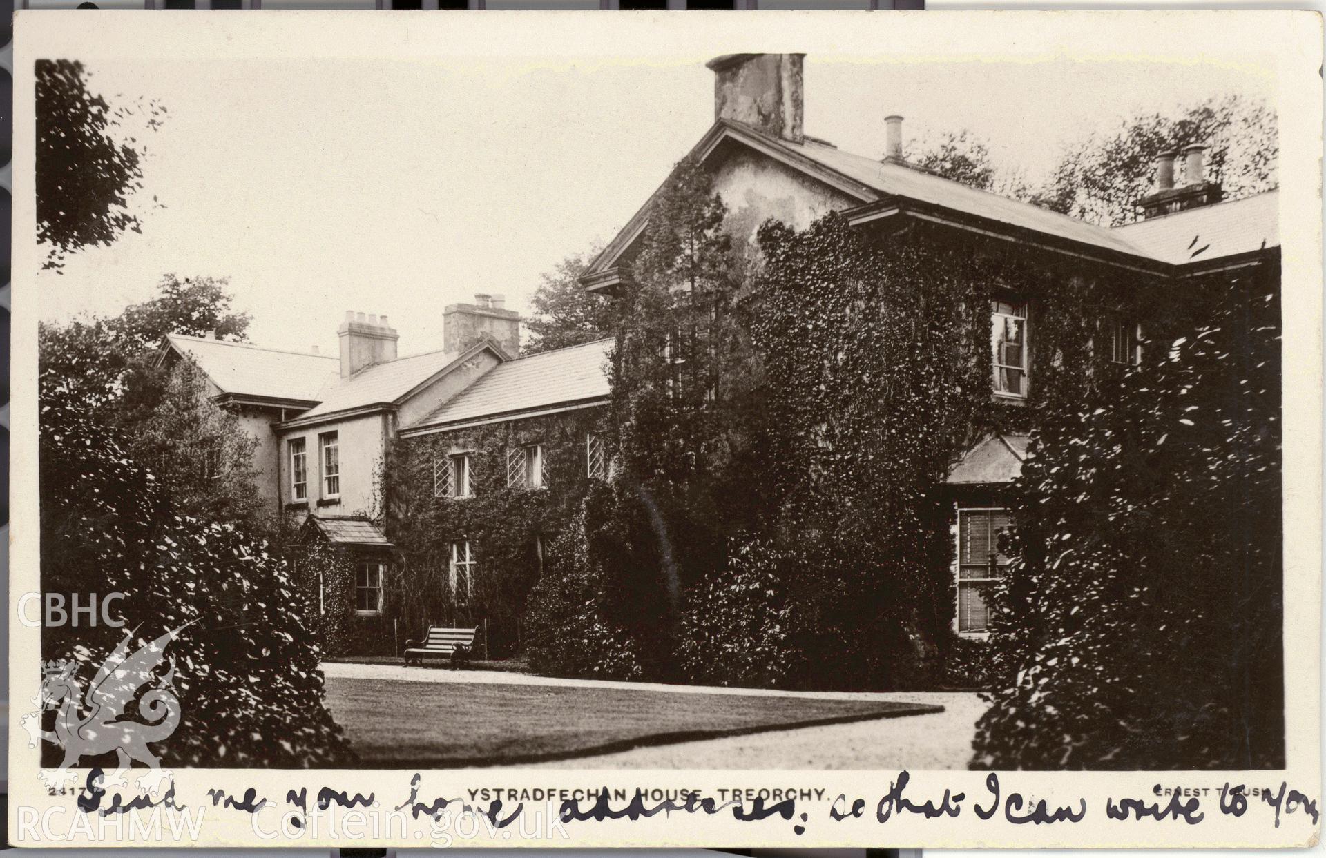 Digitised postcard image of Ystradfechan House, Treorchy, Ernest T. Bush. Produced by Parks and Gardens Data Services, from an original item in the Peter Davis Collection at Parks and Gardens UK. We hold only web-resolution images of this collection, suitable for viewing on screen and for research purposes only. We do not hold the original images, or publication quality scans.
