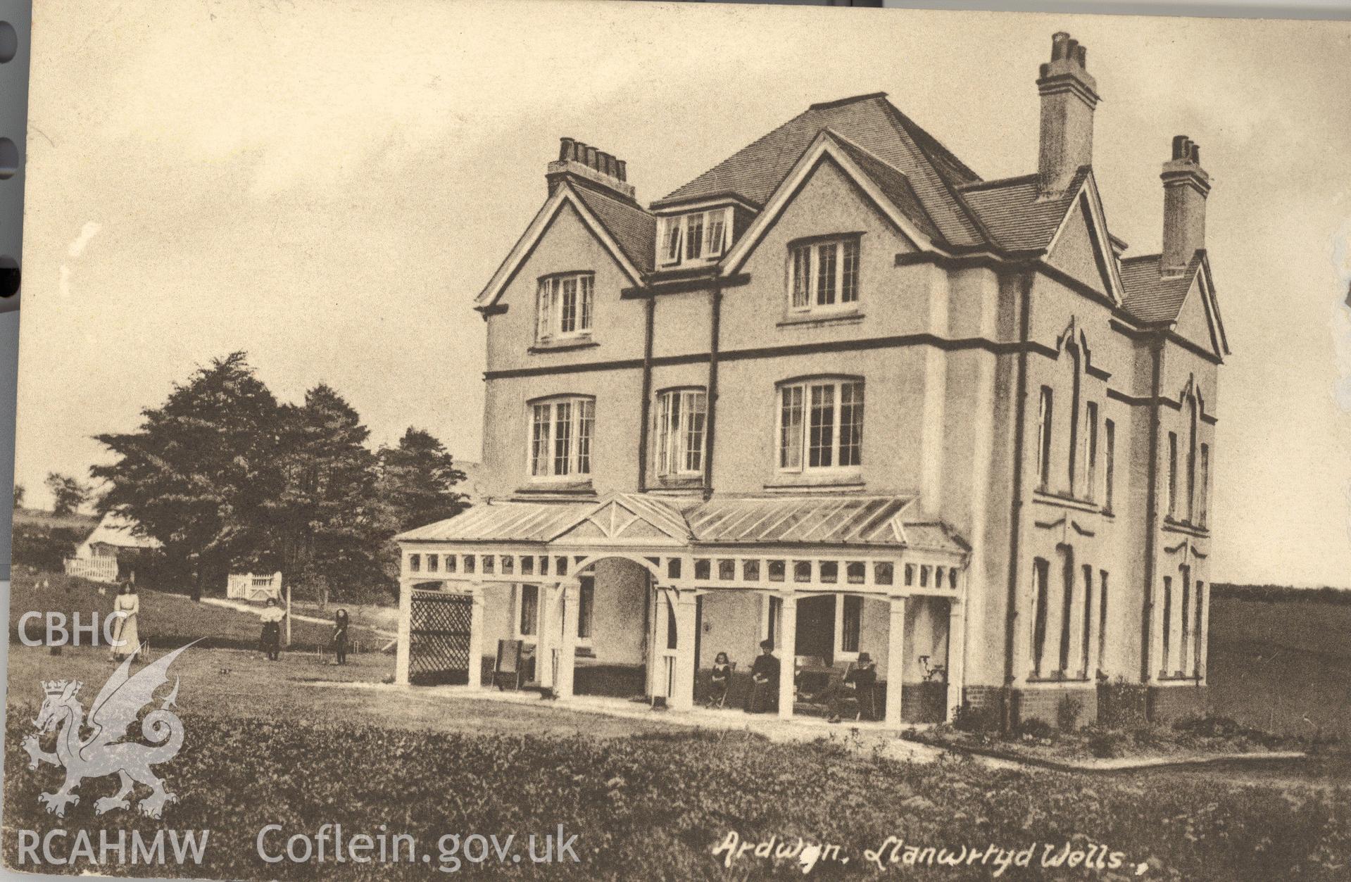 Digitised postcard image of Ardwyn, Llanwrtyd wells, P.B. Abery, Builth Wells. Produced by Parks and Gardens Data Services, from an original item in the Peter Davis Collection at Parks and Gardens UK. We hold only web-resolution images of this collection, suitable for viewing on screen and for research purposes only. We do not hold the original images, or publication quality scans.