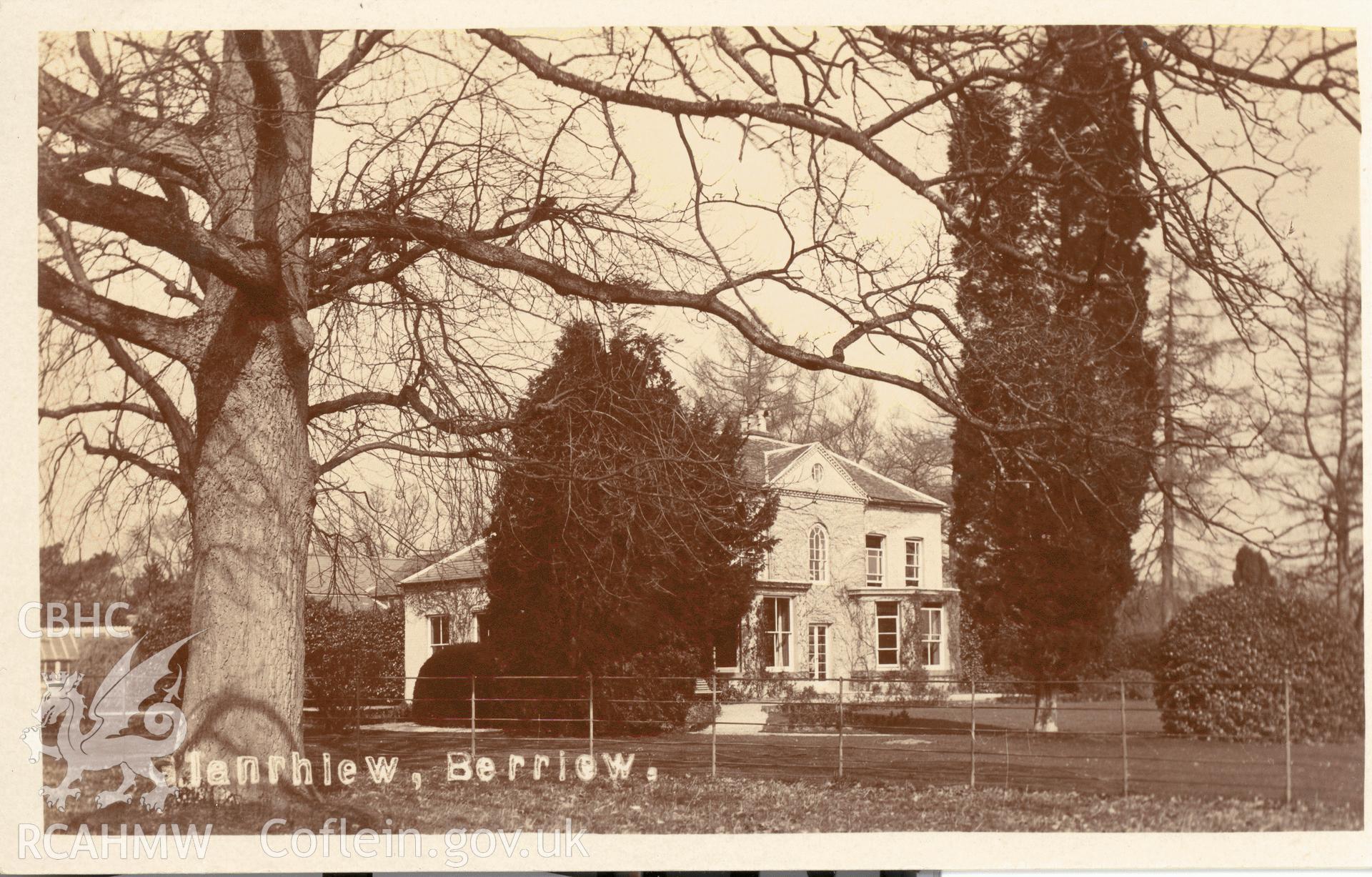 Digitised postcard image of Glanrhiew, Berriew. Produced by Parks and Gardens Data Services, from an original item in the Peter Davis Collection at Parks and Gardens UK. We hold only web-resolution images of this collection, suitable for viewing on screen and for research purposes only. We do not hold the original images, or publication quality scans.