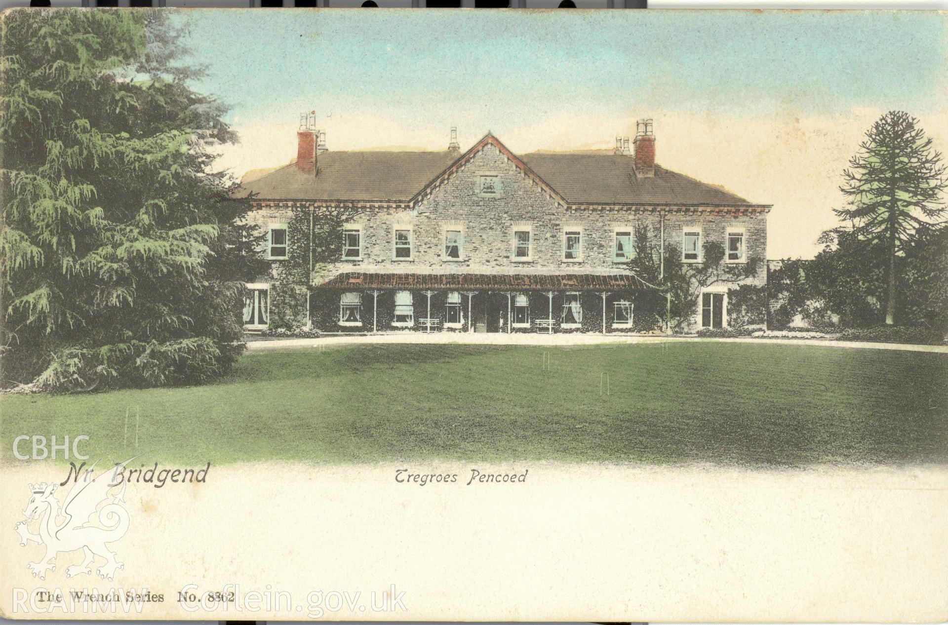 Digitised postcard image of Tregroes, Pencoed, the Wrench Series. Produced by Parks and Gardens Data Services, from an original item in the Peter Davis Collection at Parks and Gardens UK. We hold only web-resolution images of this collection, suitable for viewing on screen and for research purposes only. We do not hold the original images, or publication quality scans.