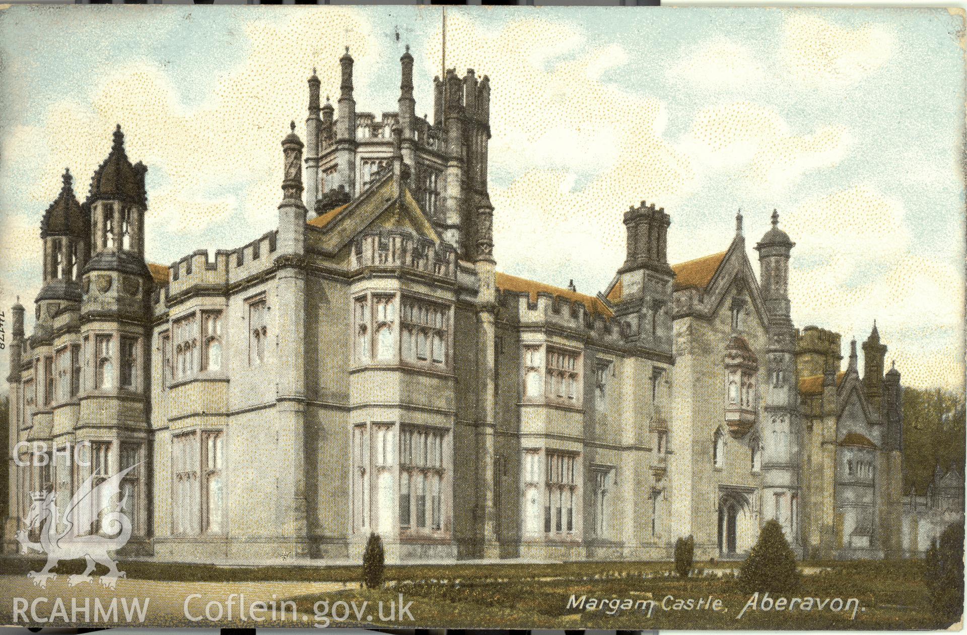 Digitised postcard image of Margam Castle, the Wrench Series. Produced by Parks and Gardens Data Services, from an original item in the Peter Davis Collection at Parks and Gardens UK. We hold only web-resolution images of this collection, suitable for viewing on screen and for research purposes only. We do not hold the original images, or publication quality scans.