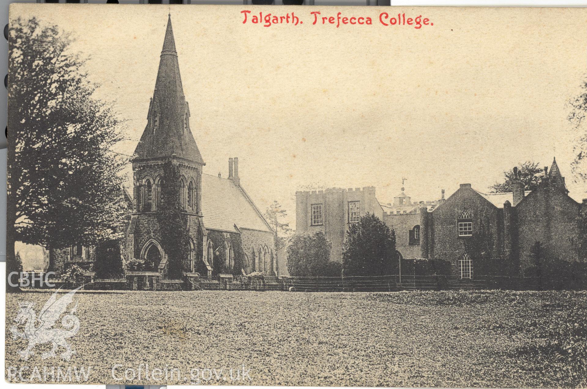 Digitised postcard image of Trefecca College, Talgarth, Park, Newtown. Produced by Parks and Gardens Data Services, from an original item in the Peter Davis Collection at Parks and Gardens UK. We hold only web-resolution images of this collection, suitable for viewing on screen and for research purposes only. We do not hold the original images, or publication quality scans.