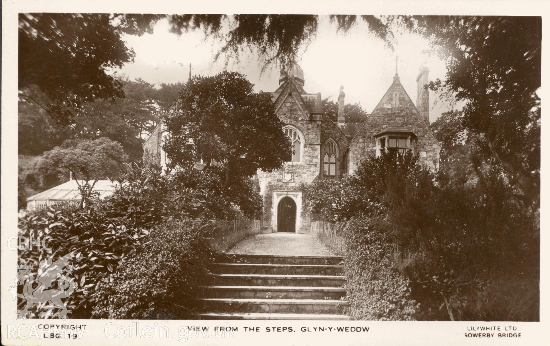 Digitised postcard image of Plas Glyn y weddw, Llanbedrog, Lilywhite Ltd. Produced by Parks and Gardens Data Services, from an original item in the Peter Davis Collection at Parks and Gardens UK. We hold only web-resolution images of this collection, suitable for viewing on screen and for research purposes only. We do not hold the original images, or publication quality scans.