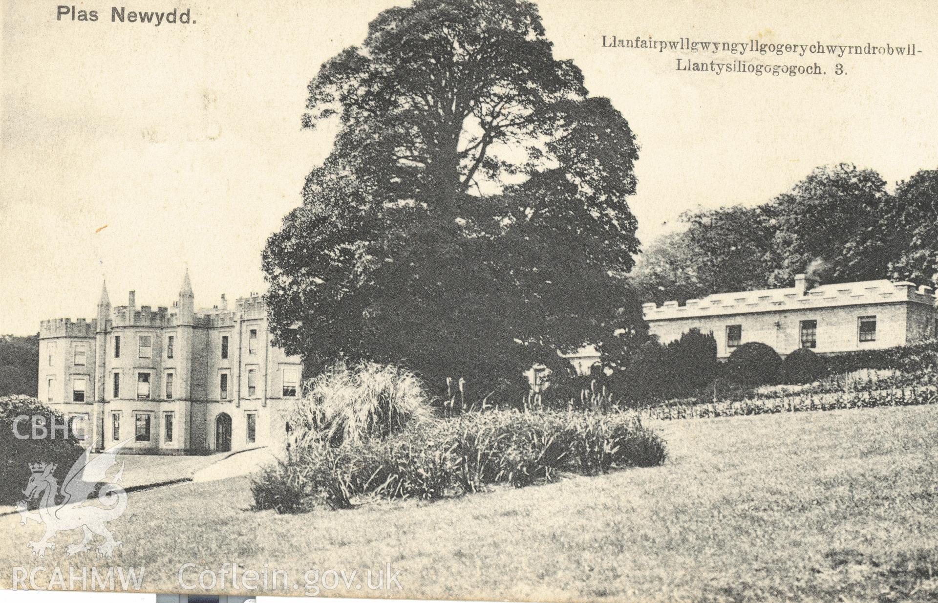 Digitised postcard image of Plas Newydd, Llanddaniel Fab, E.E. Roberts' Series  LlanfairPG. Produced by Parks and Gardens Data Services, from an original item in the Peter Davis Collection at Parks and Gardens UK. We hold only web-resolution images of this collection, suitable for viewing on screen and for research purposes only. We do not hold the original images, or publication quality scans.