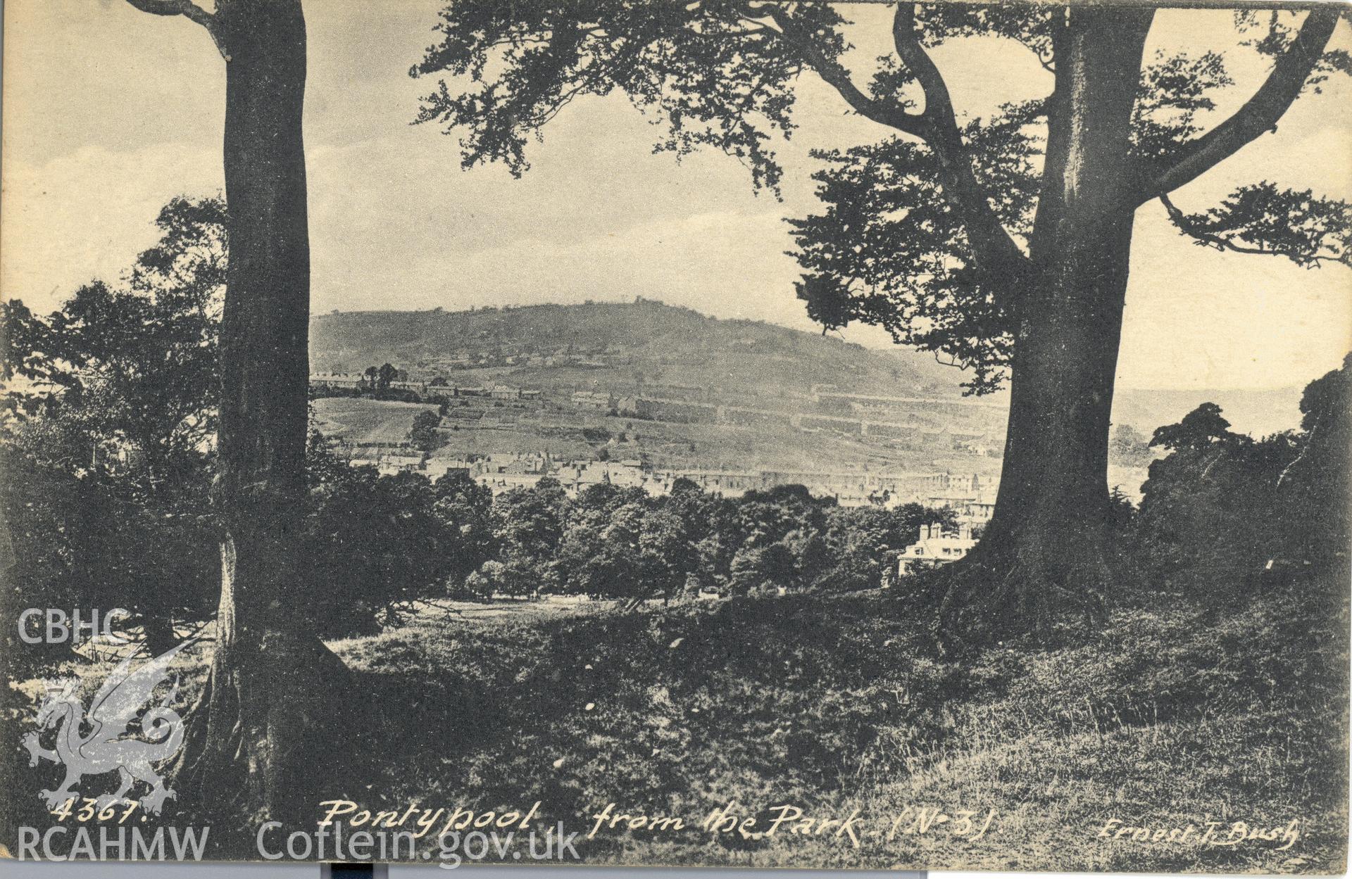 Digitised postcard image of Pontypool town from the park, Ernest T Bush. Produced by Parks and Gardens Data Services, from an original item in the Peter Davis Collection at Parks and Gardens UK. We hold only web-resolution images of this collection, suitable for viewing on screen and for research purposes only. We do not hold the original images, or publication quality scans.