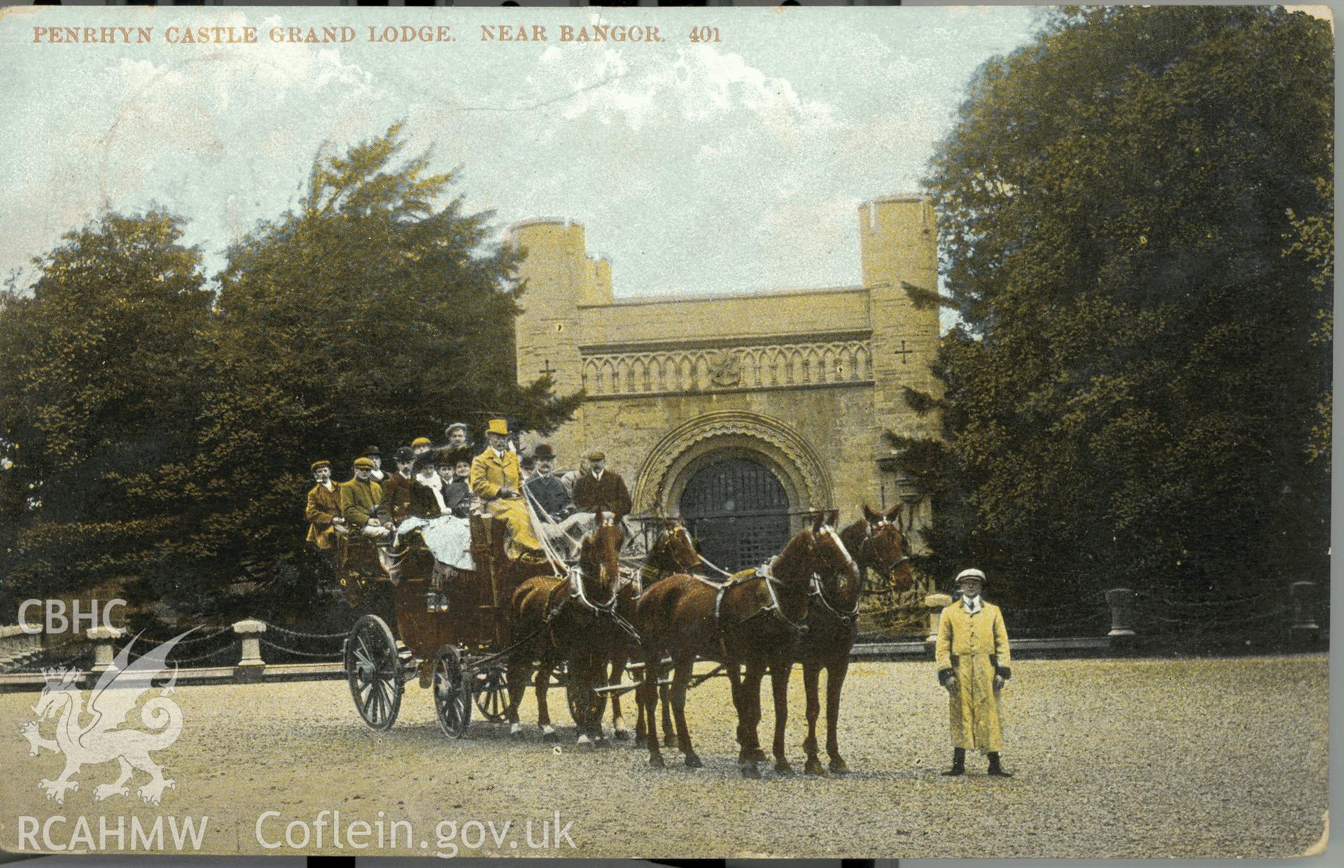 Digitised postcard image of Penrhyn Castle Grand Lodge, with charabanc and passengers. Produced by Parks and Gardens Data Services, from an original item in the Peter Davis Collection at Parks and Gardens UK. We hold only web-resolution images of this collection, suitable for viewing on screen and for research purposes only. We do not hold the original images, or publication quality scans.