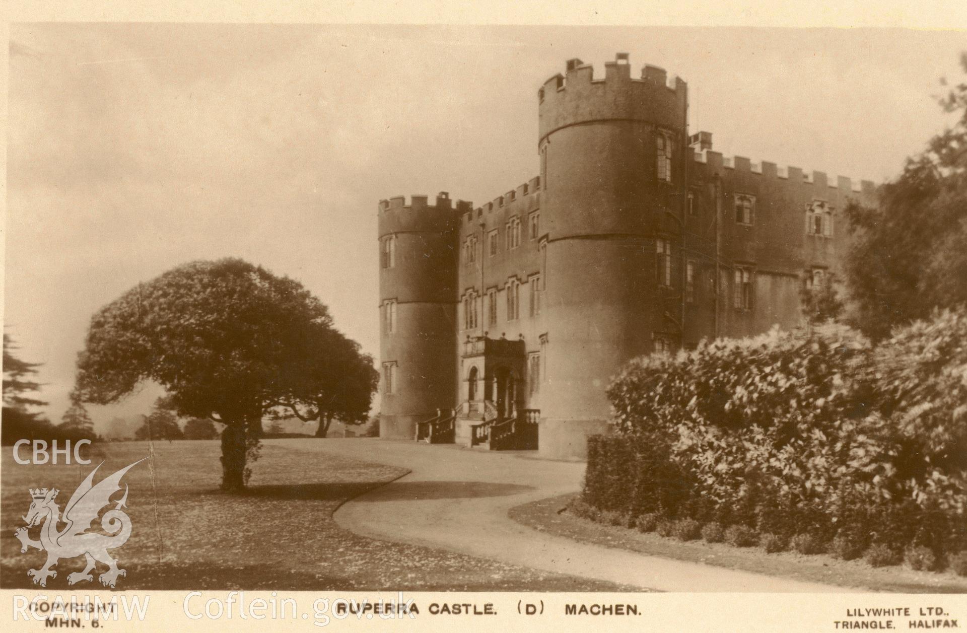 Digitised postcard image of Ruperra Castle, Draethen. Produced by Parks and Gardens Data Services, from an original item in the Peter Davis Collection at Parks and Gardens UK. We hold only web-resolution images of this collection, suitable for viewing on screen and for research purposes only. We do not hold the original images, or publication quality scans.