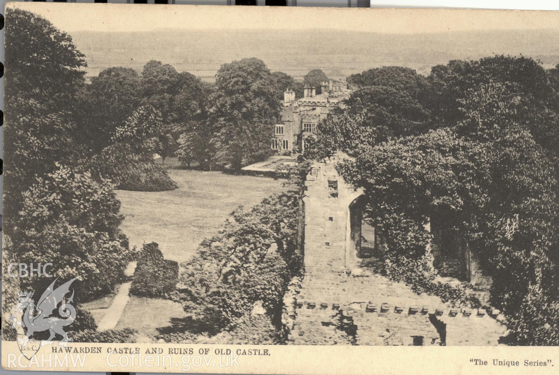 Digitised postcard image of Hawarden Castle, The Unique Series T.S.B. & C. Produced by Parks and Gardens Data Services, from an original item in the Peter Davis Collection at Parks and Gardens UK. We hold only web-resolution images of this collection, suitable for viewing on screen and for research purposes only. We do not hold the original images, or publication quality scans.