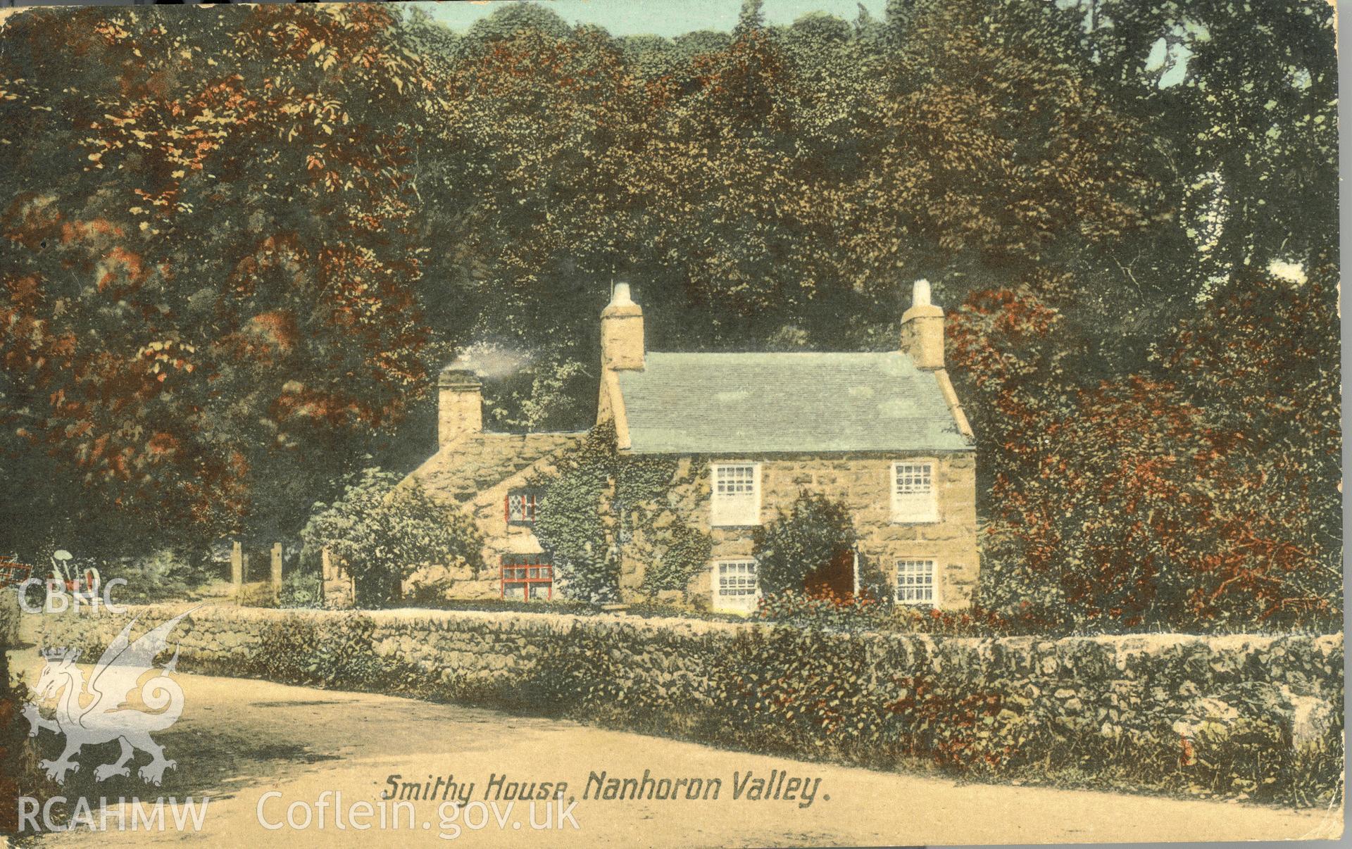 Digitised postcard image of Rhyd-galed Smithy, Nanhoron. Produced by Parks and Gardens Data Services, from an original item in the Peter Davis Collection at Parks and Gardens UK. We hold only web-resolution images of this collection, suitable for viewing on screen and for research purposes only. We do not hold the original images, or publication quality scans.