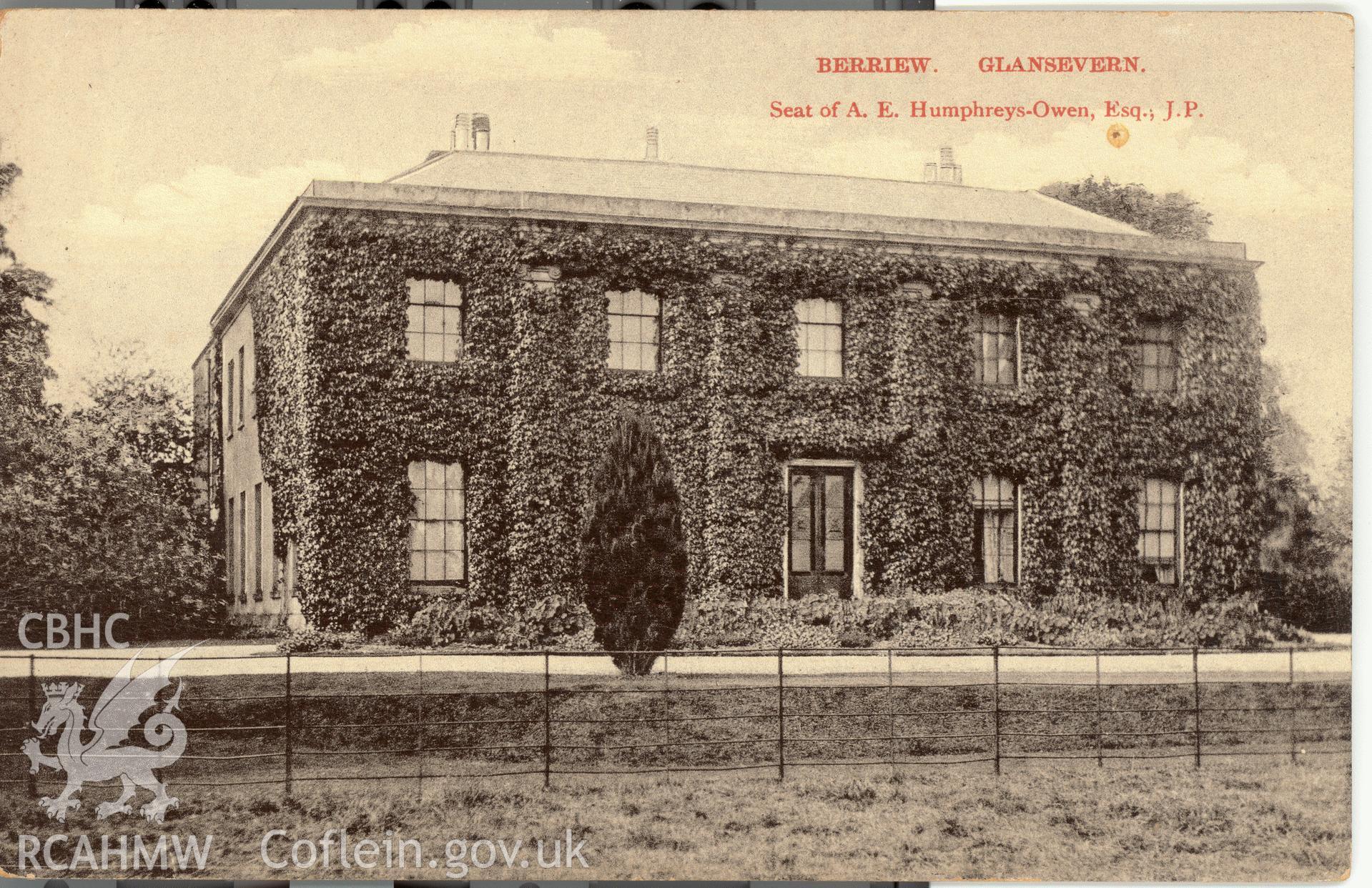 Digitised postcard image of Glansevern, Berriew, Park and Son, Newtown. Produced by Parks and Gardens Data Services, from an original item in the Peter Davis Collection at Parks and Gardens UK. We hold only web-resolution images of this collection, suitable for viewing on screen and for research purposes only. We do not hold the original images, or publication quality scans.