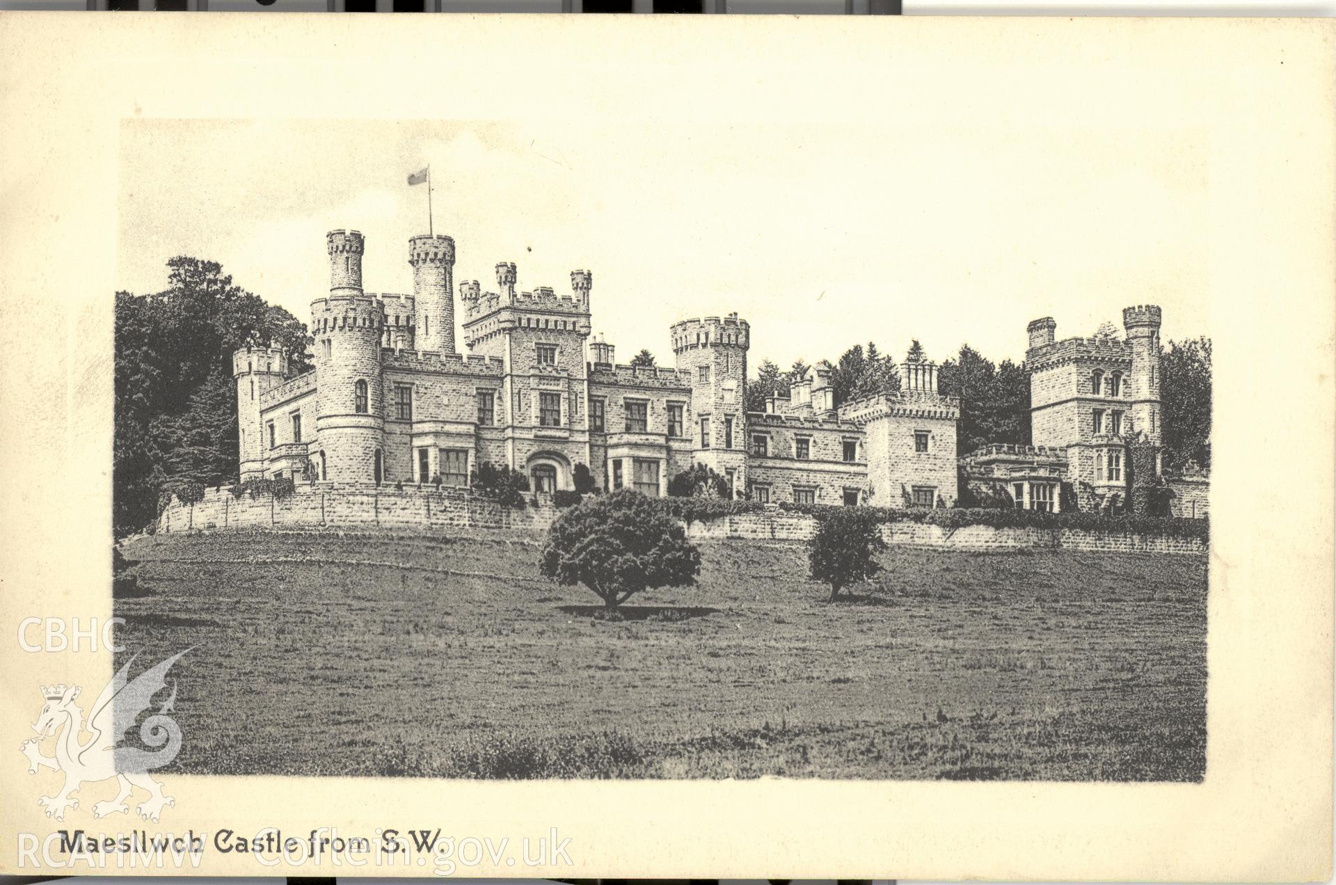 Digitised postcard image of Maesllwch Castle from S.W., Grant, Stationer, Hay. Produced by Parks and Gardens Data Services, from an original item in the Peter Davis Collection at Parks and Gardens UK. We hold only web-resolution images of this collection, suitable for viewing on screen and for research purposes only. We do not hold the original images, or publication quality scans.
