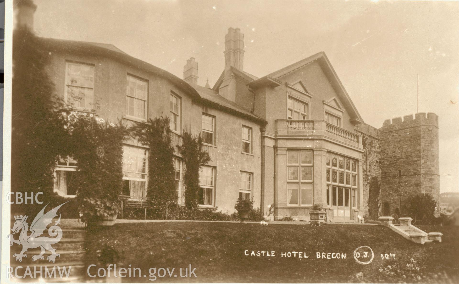 Digitised postcard image of Castle Hotel, Brecon, O. Jackson, Brecon. Produced by Parks and Gardens Data Services, from an original item in the Peter Davis Collection at Parks and Gardens UK. We hold only web-resolution images of this collection, suitable for viewing on screen and for research purposes only. We do not hold the original images, or publication quality scans.