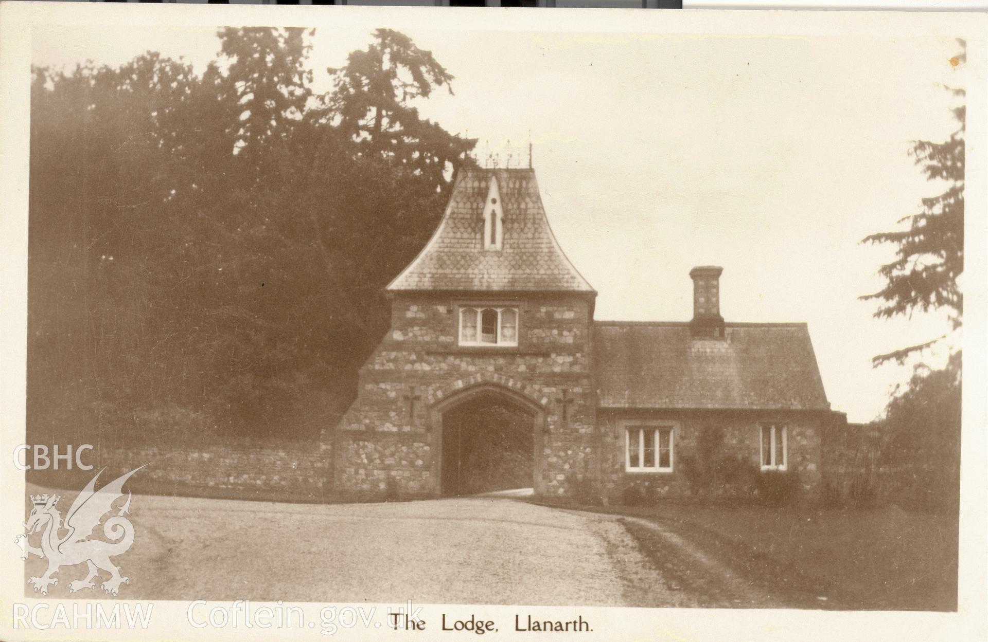 Digitised postcard image of Llanarth Court gatehouse, Monmouthshire. Produced by Parks and Gardens Data Services, from an original item in the Peter Davis Collection at Parks and Gardens UK. We hold only web-resolution images of this collection, suitable for viewing on screen and for research purposes only. We do not hold the original images, or publication quality scans.