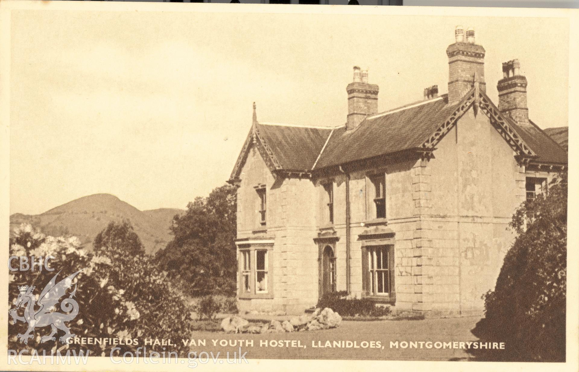 Digitised postcard image of Greenfield, Y Fan, Youth Hostels Association. Produced by Parks and Gardens Data Services, from an original item in the Peter Davis Collection at Parks and Gardens UK. We hold only web-resolution images of this collection, suitable for viewing on screen and for research purposes only. We do not hold the original images, or publication quality scans.