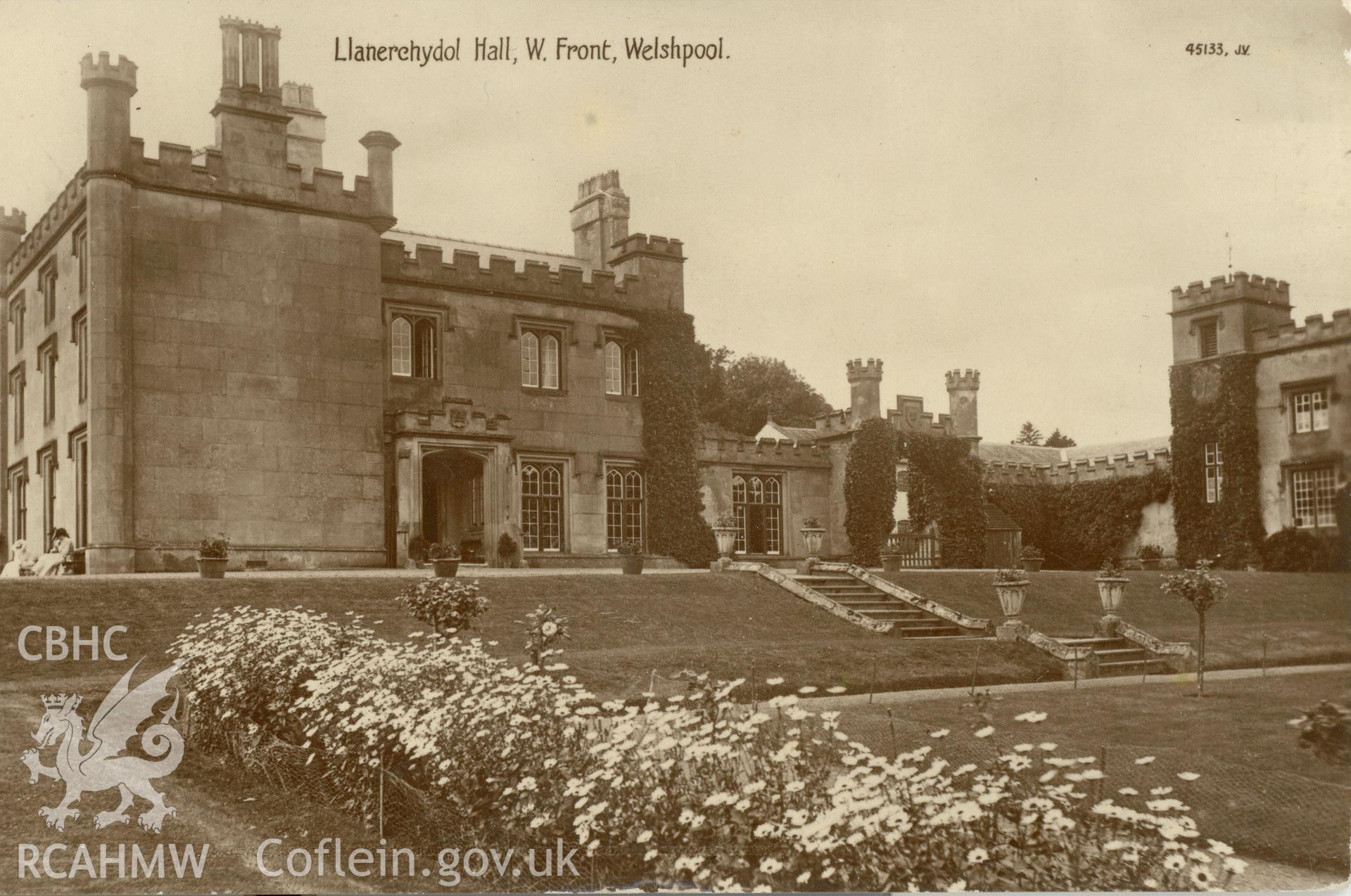 Digitised postcard image of Llanerchydol Hall, Welshpool, Valentines Series. Produced by Parks and Gardens Data Services, from an original item in the Peter Davis Collection at Parks and Gardens UK. We hold only web-resolution images of this collection, suitable for viewing on screen and for research purposes only. We do not hold the original images, or publication quality scans.