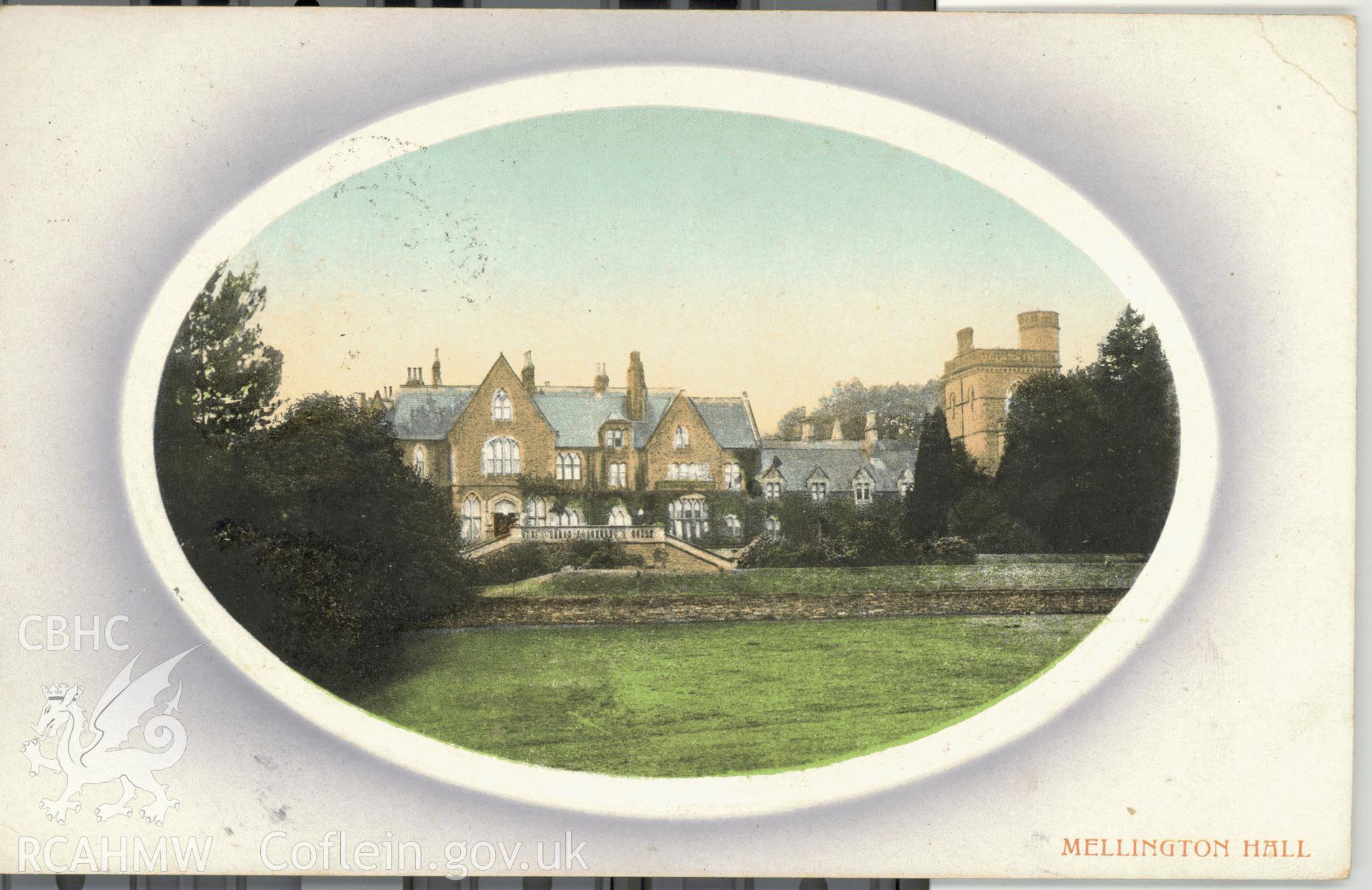 Digitised postcard image of Mellington Hall, Churchstoke. Produced by Parks and Gardens Data Services, from an original item in the Peter Davis Collection at Parks and Gardens UK. We hold only web-resolution images of this collection, suitable for viewing on screen and for research purposes only. We do not hold the original images, or publication quality scans.