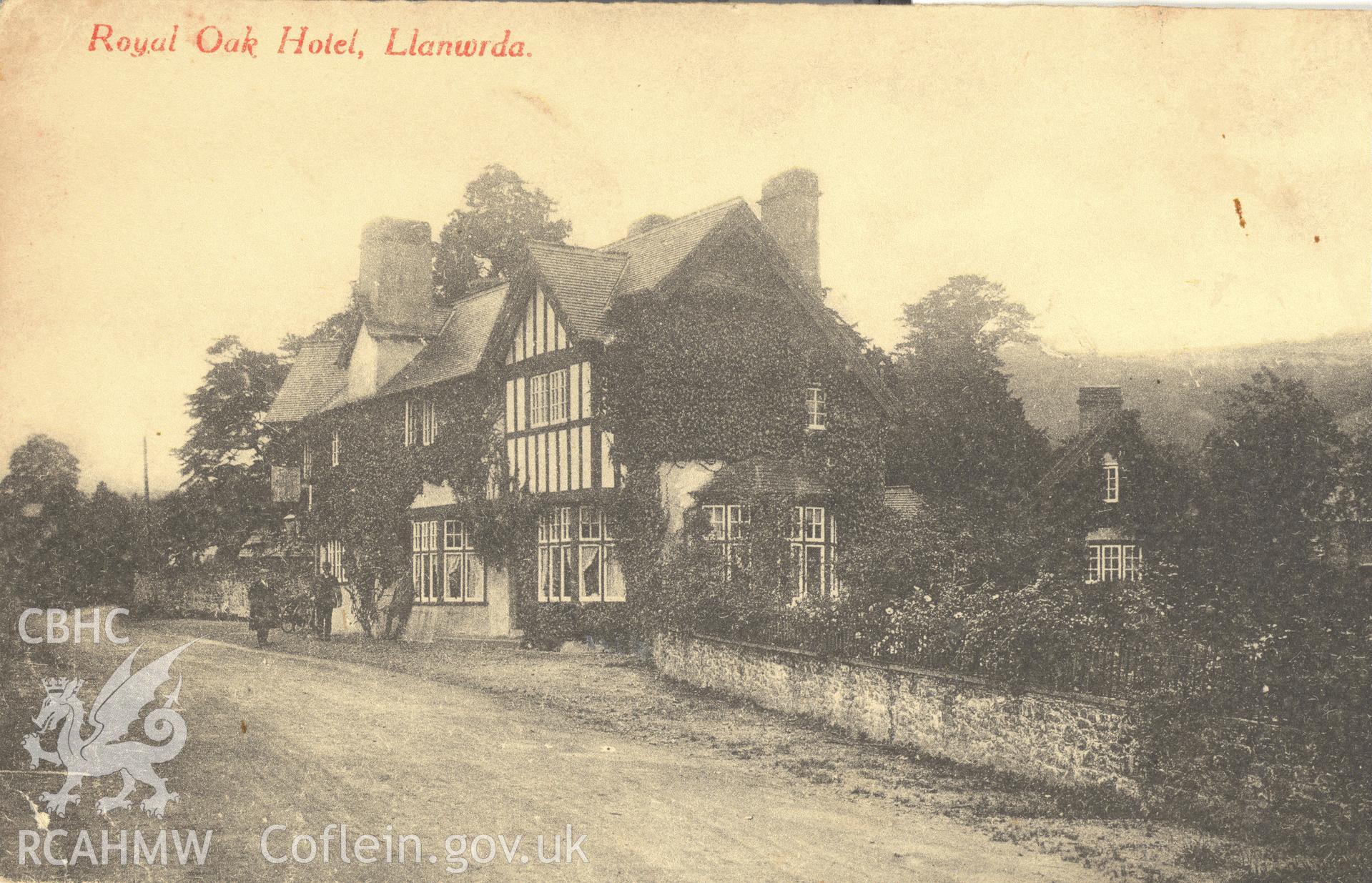 Digitised postcard image of The former Royal Oak Hotel, Llanwrda, Williams Llandeilo. Produced by Parks and Gardens Data Services, from an original item in the Peter Davis Collection at Parks and Gardens UK. We hold only web-resolution images of this collection, suitable for viewing on screen and for research purposes only. We do not hold the original images, or publication quality scans.