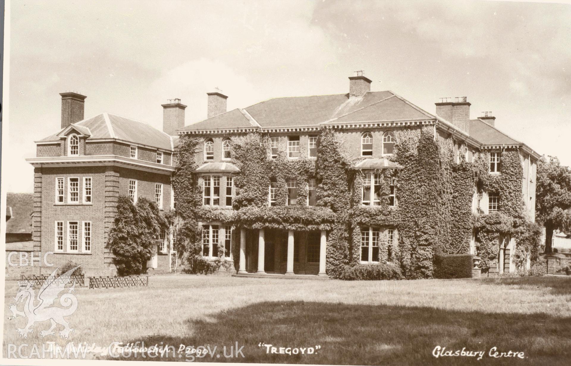 Digitised postcard image of Tregoyd Hall, Gwernyfed, E.A. Sweetman & Son, Ltd.,Tunbridge Wells. Produced by Parks and Gardens Data Services, from an original item in the Peter Davis Collection at Parks and Gardens UK. We hold only web-resolution images of this collection, suitable for viewing on screen and for research purposes only. We do not hold the original images, or publication quality scans.