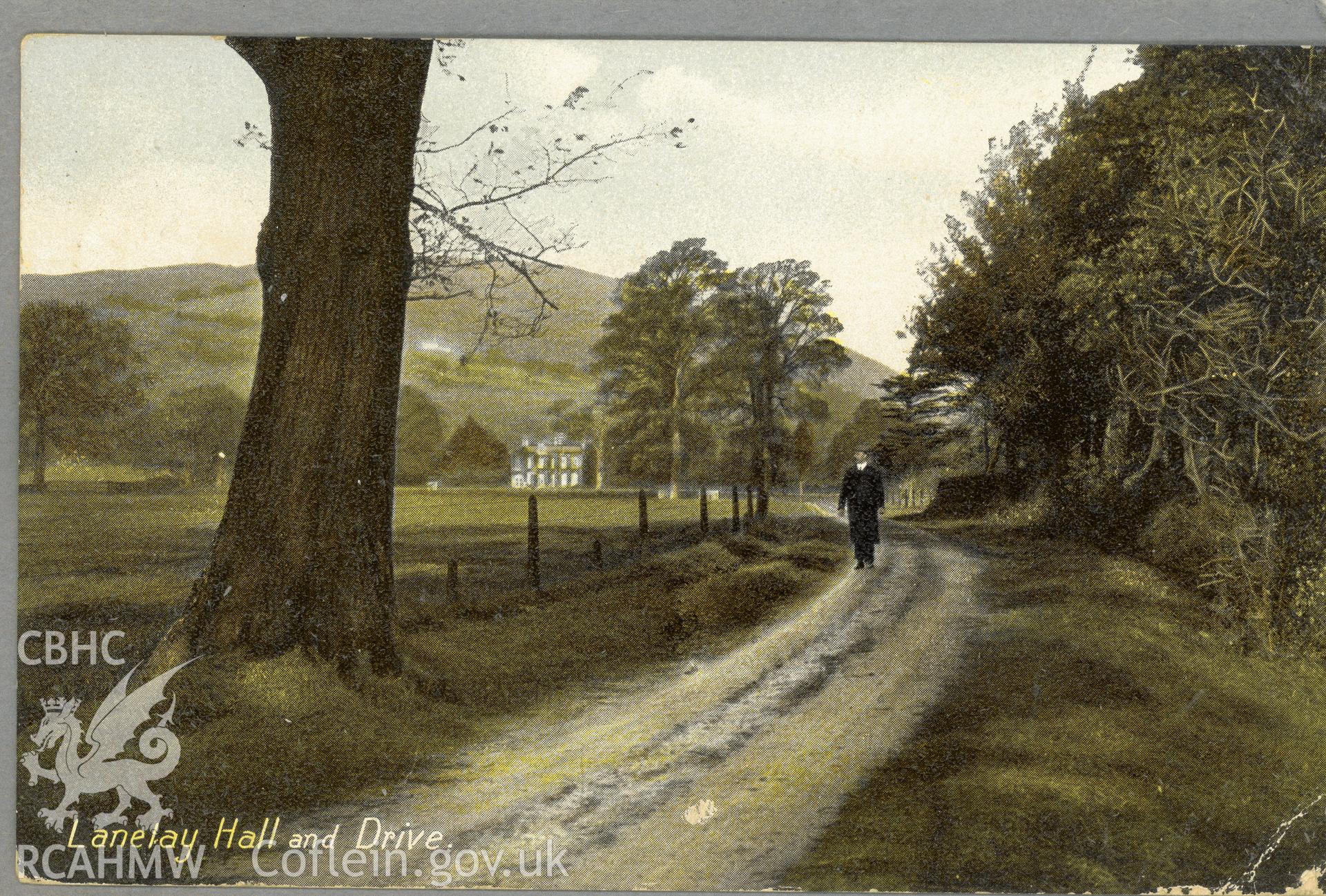 Digitised postcard image of Llanelay Hall, Pontyclun, with figure, S. Williams, Pontyclun. Produced by Parks and Gardens Data Services, from an original item in the Peter Davis Collection at Parks and Gardens UK. We hold only web-resolution images of this collection, suitable for viewing on screen and for research purposes only. We do not hold the original images, or publication quality scans.